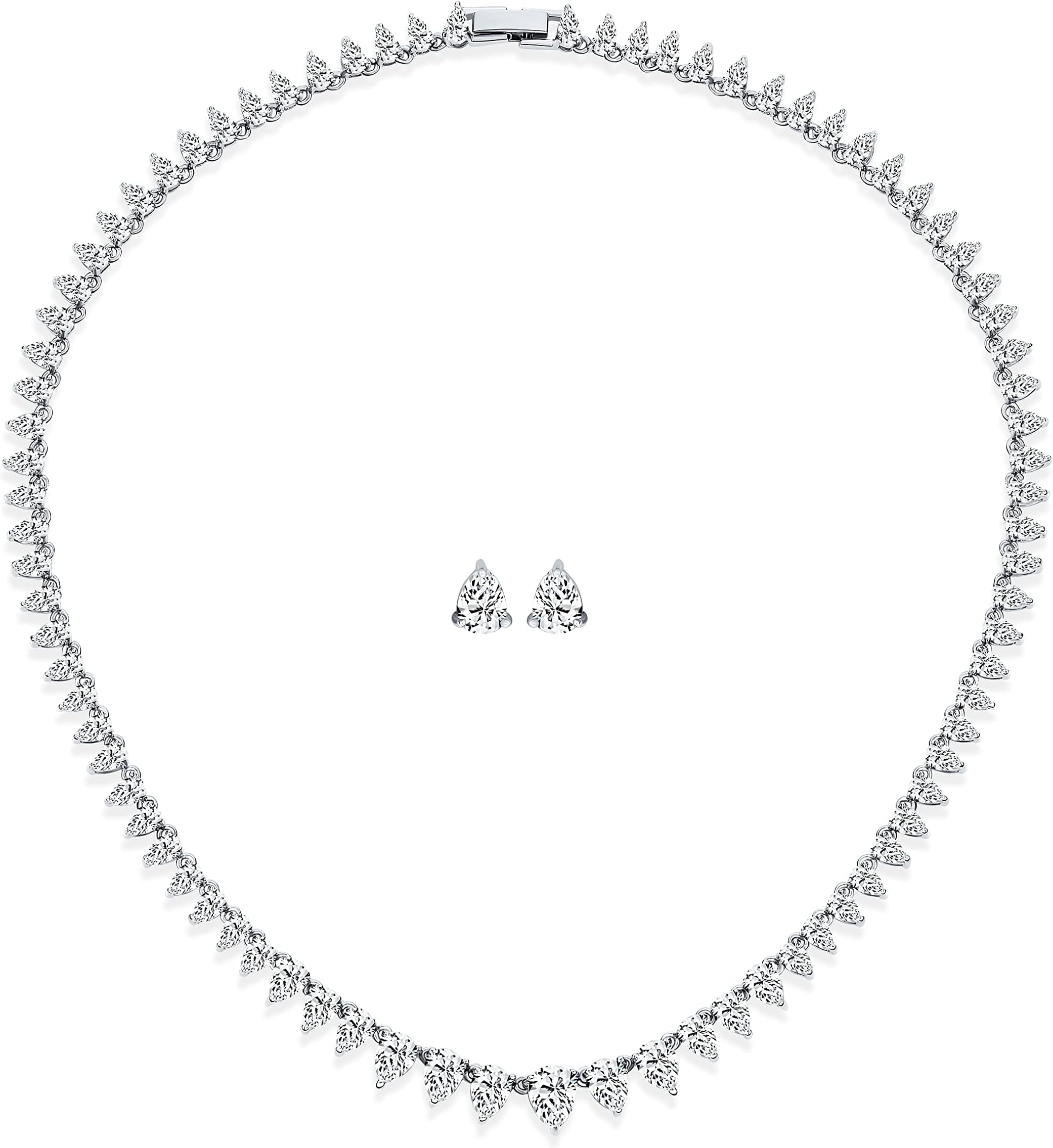 Classic Traditional Bridal Graduated Teardrop AA CZ Statement Collar Tennis Necklace Stud Earrings Jewelry Set For Women Wedding Prom Silver Plated