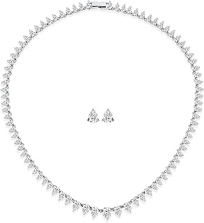 Classic Traditional Bridal Graduated Heart Shape Teardrop AAA CZ V Chevron Front Heart Latch Clasp Statement Collar Tennis Necklace Jewelry Set For Women Wedding Prom Silver Plated