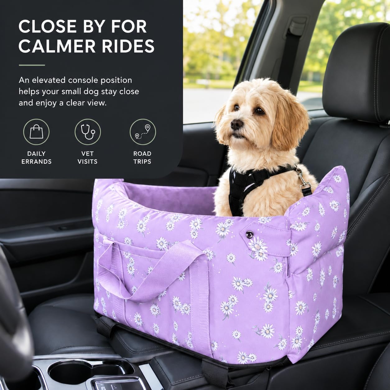 Center Console Small Dog Car Seat Portable Puppy Booster Armrest Carseat, Anti-Collapse Comfort Car Travel with Washable Fluffy Cushion and Pillow (Purple) image 3