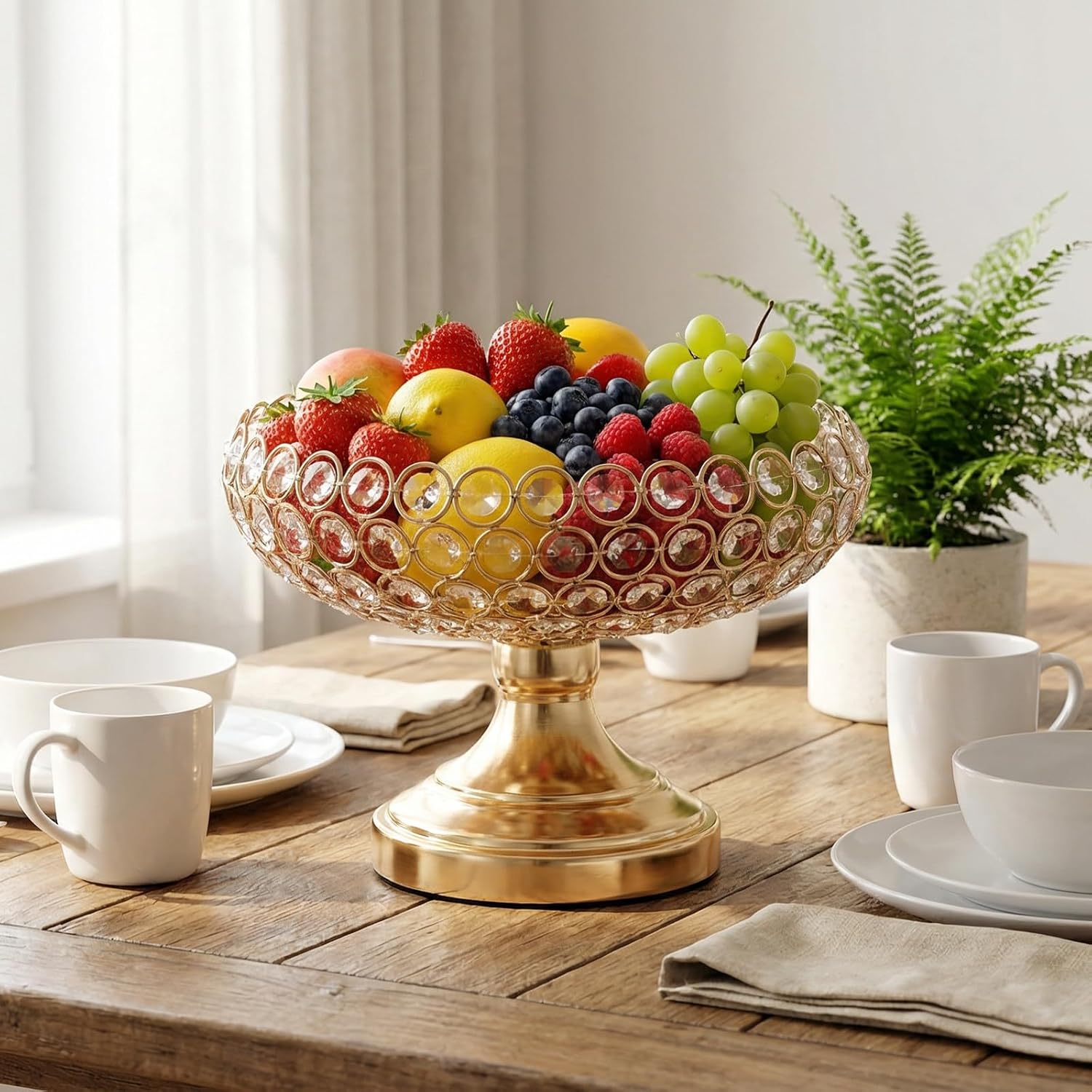OwnMy Gold Crystal Fruit Bowl for Kitchen Counter 10" Large Decorative Bowl