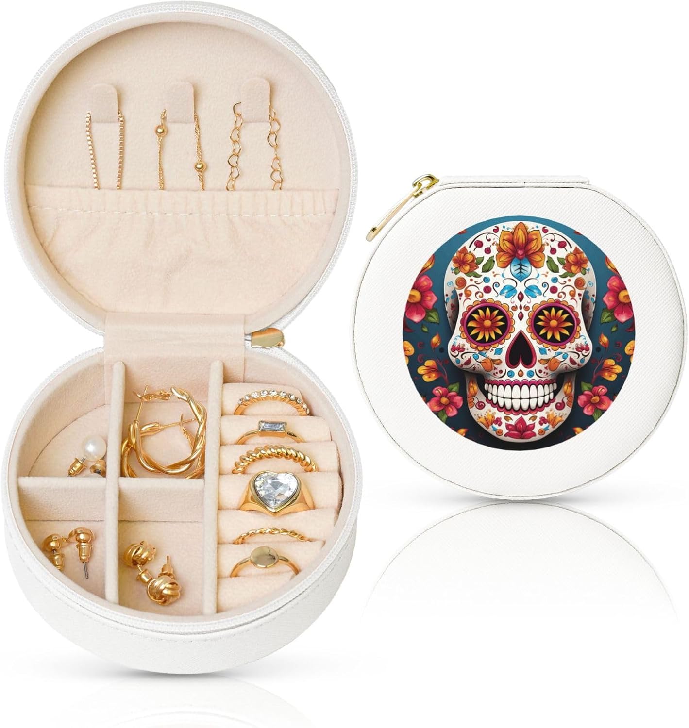 Travel Jewelry Box Leather Small Jewelry Organizer for Women,Portable Jewelry Case Colorful Sugar Skull Display Storage Holder Boxes Mini Travel Case for Necklace Rings