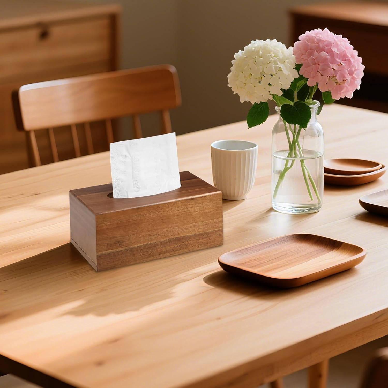 2 Pack Wood Tissue Box Cover Rectangular- Acacia Wood Rectangle Wooden Tissue Box Holder for Tabletop Night Stands Bathroom Office - Decorative Facial Cube Tissue Box Cover for Modern Farmhouse Decor