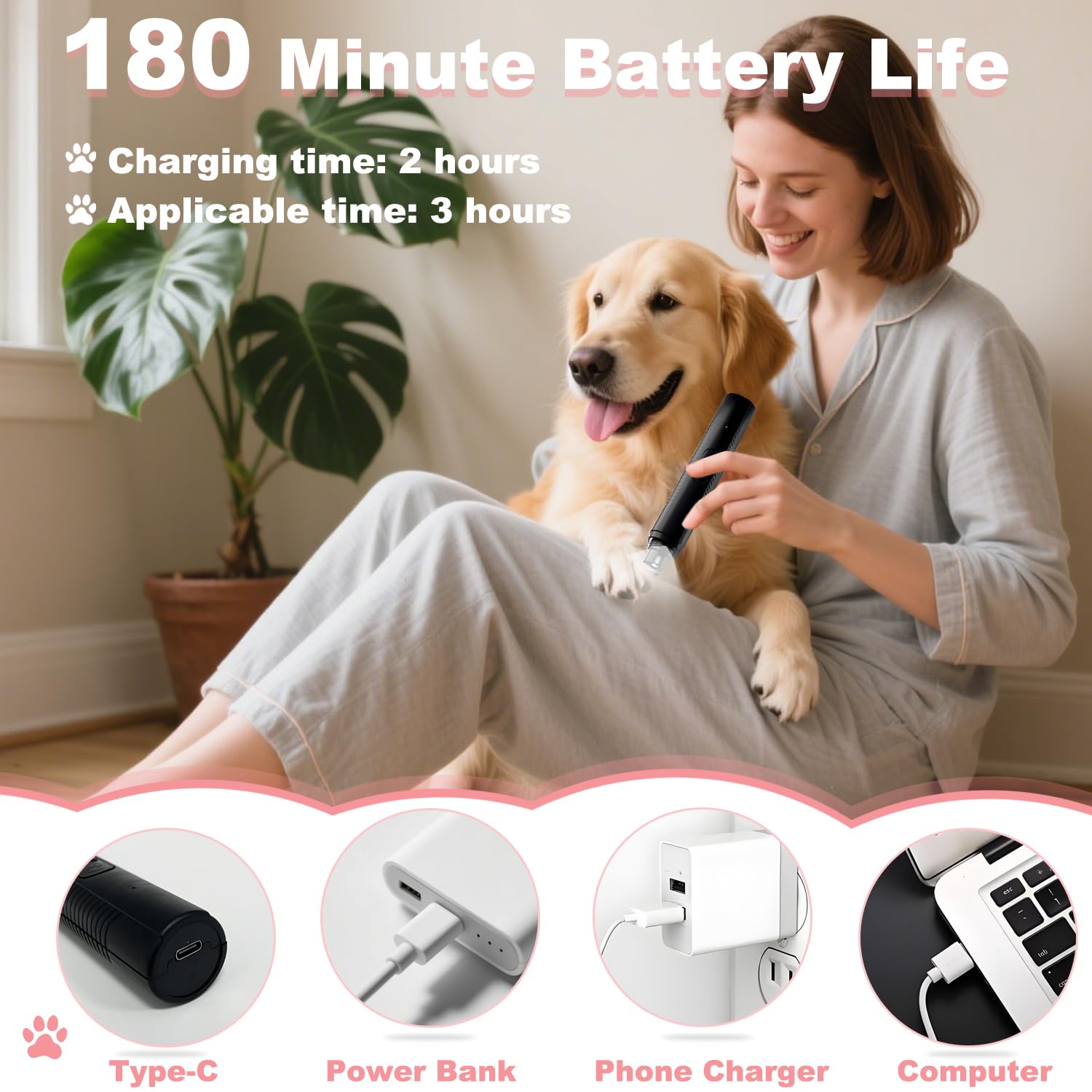 Dog Nail Grinder Quiet, Easy to Use Pet Nail Grinder with Led Lights, 7500 RPM Dog Nail Clippers for Large Dogs Medium Small Dogs & Cats, Continuous 3-Hour Battery Life - image 5
