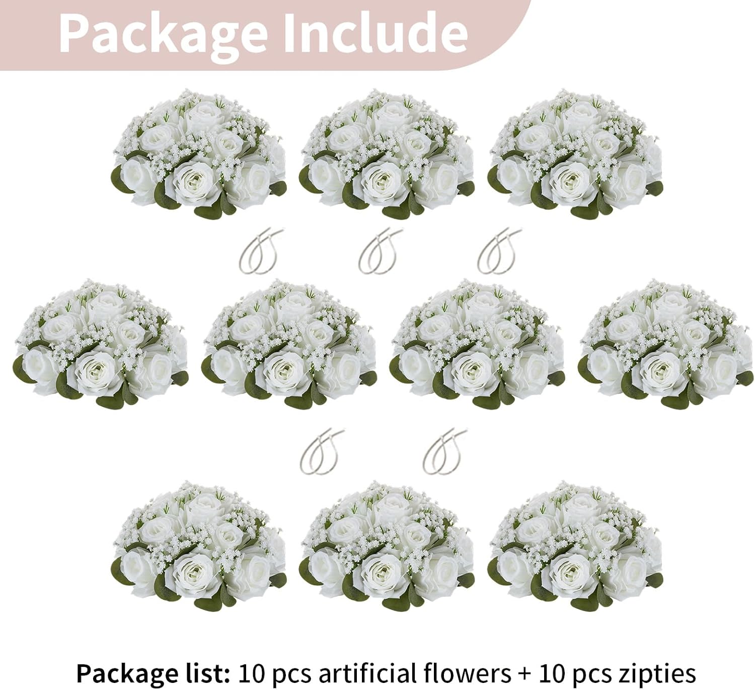 NUPTIO Babys Breath Artificial Flowers: 10 Pcs 8.6 inch Diameter White Rose Ball Fake Arrangement Bouquet for Wedding Centerpiece Event Party Tables Decorations
