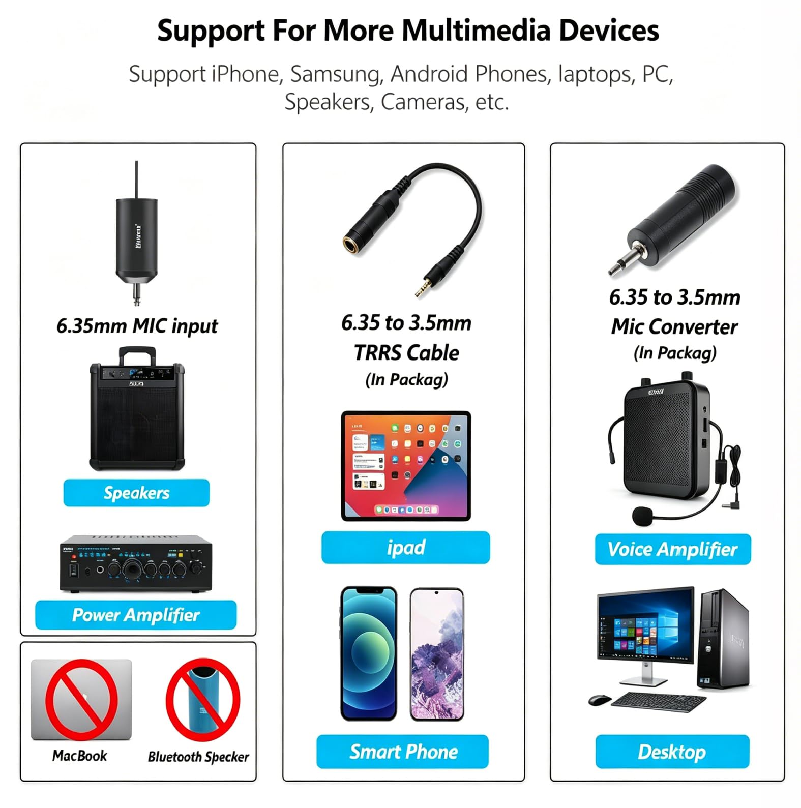 Bietrun UHF Wireless Lavalier Lapel Microphone System/Cuffia/Microfono con supporto, portata 165 piedi, trasmettitore ricevitore ricaricabile, uscita da 1/4", per iPhone, Android, altoparlante PA