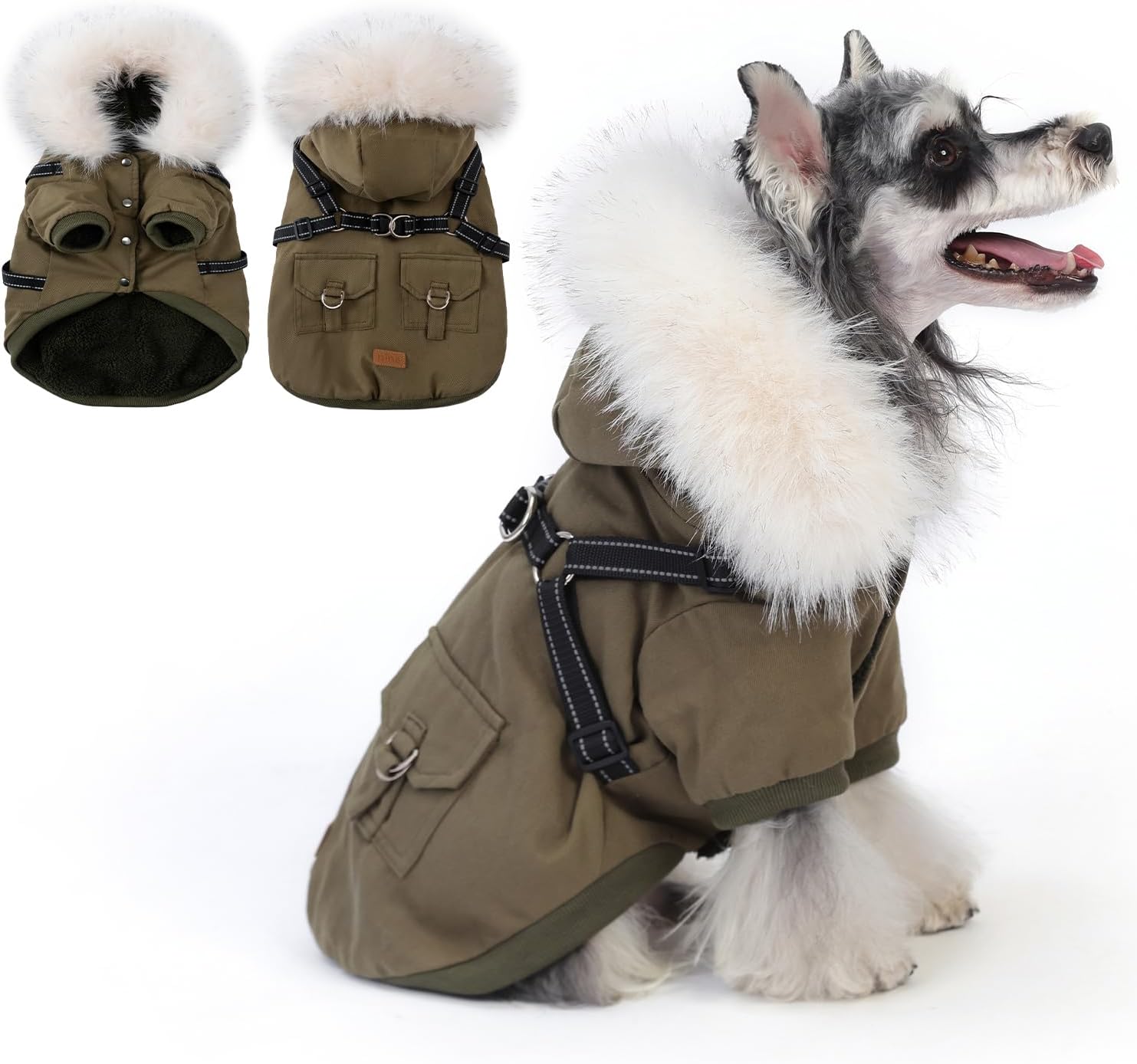 PINA Dog Coat for Small Medium Large Dogs, Dog Winter Jacket with Built in Harness Dogs Winter Coat, Puppy Cold Weather Coats with Plush Hood, Warm Fleece Windproof Puppy Snowsuit