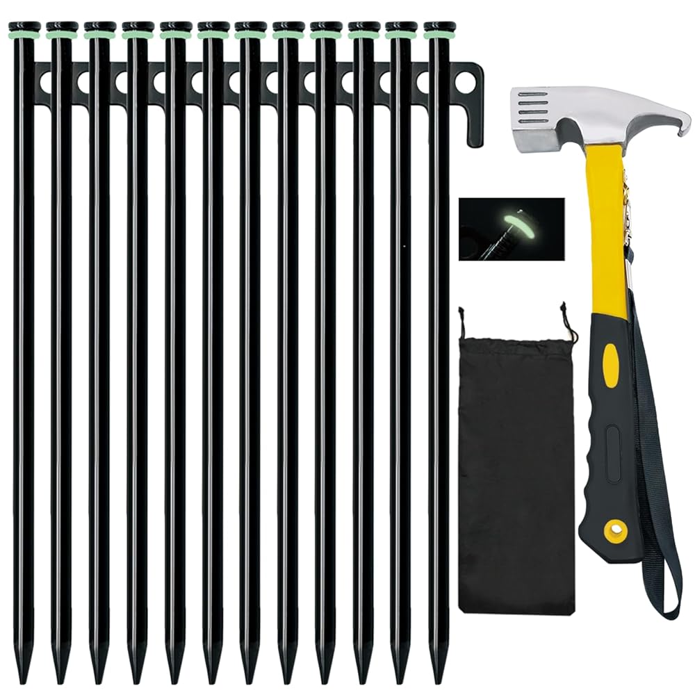 12 Pack Tent Stake with Hammer, 16in Heavy Duty Tent Stakes + 10in Camping Hammer+Storage Pouch, Forged Steel Tent Stakes for Camping Used on Rocks(12 Pack 16in Stakes+Hammer