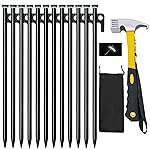 12 Pack Tent Stake with Hammer, 16in Heavy Duty Tent Stakes + 10in Camping Hammer+Storage Pouch, Forged Steel Tent Stakes for Camping Used on Rocks(12 Pack 16in Stakes+Hammer