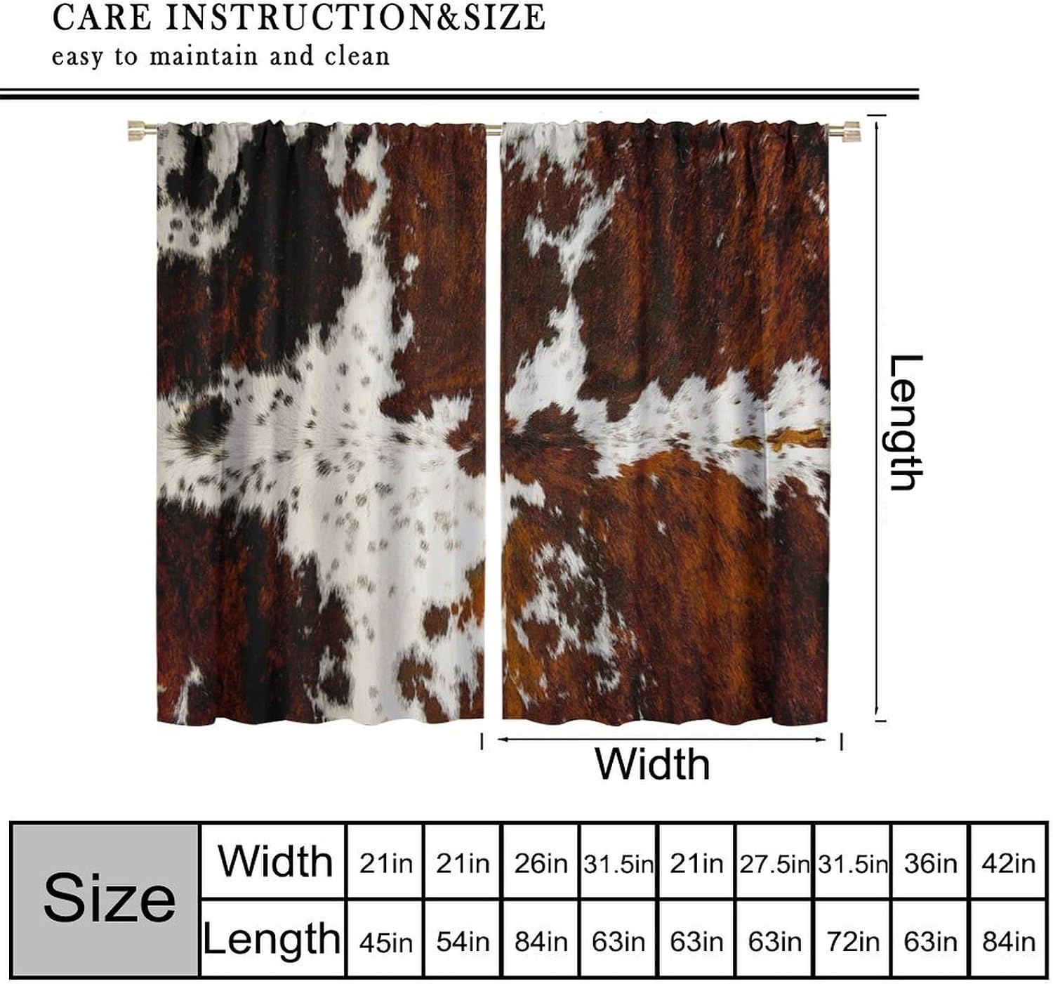 Cow Print Pattern Curtains,Brown Animal Fur Skin Cowhide Western Farm Window Treatments for Bedroom Kitchen Living Room,Wild 3D Rustic Hunter Theme 2 Panel Sets,42x54 Inch Blackout