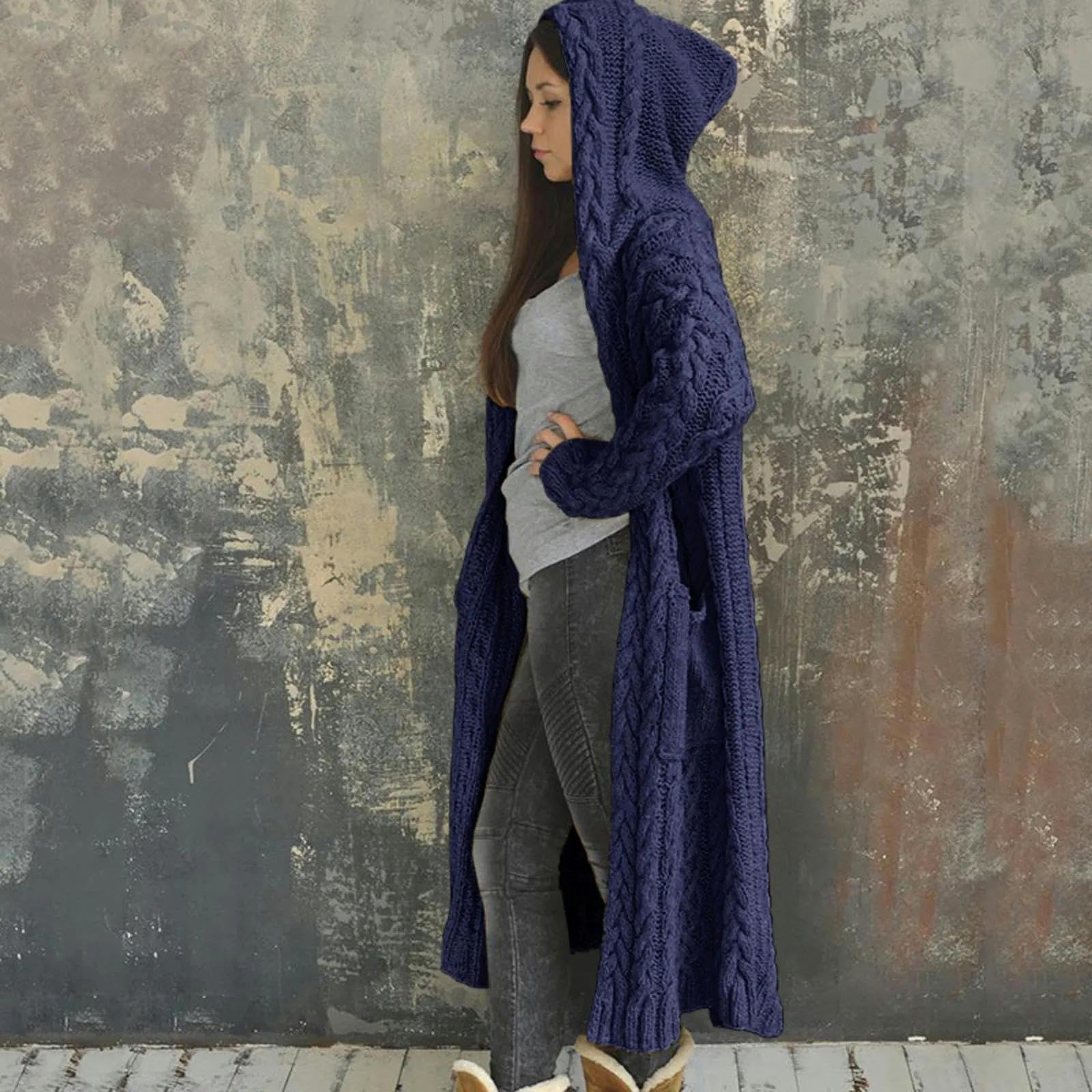 sweter sweter sweter luźny sweter z kapturem solidna zimowa kieszeń dzianiny długi płaszcz damski