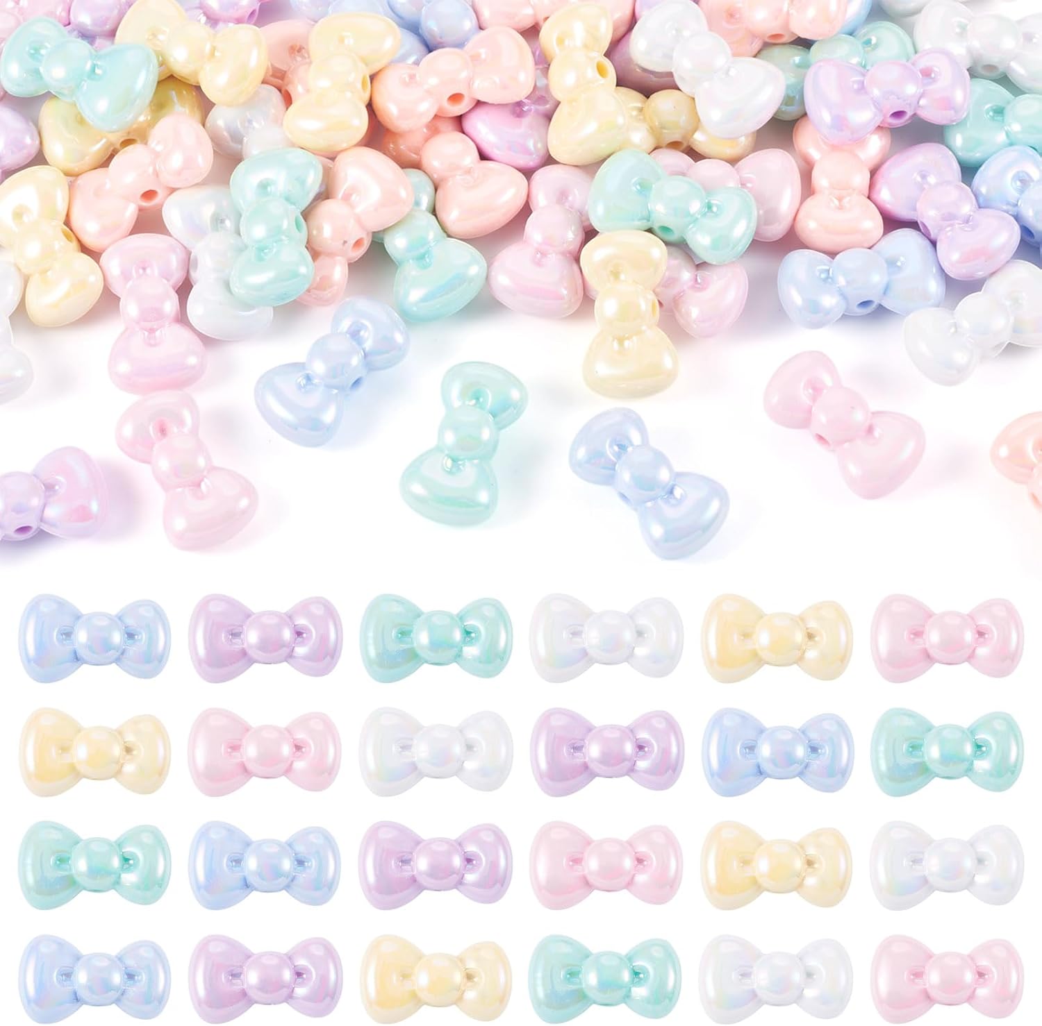 20Pcs Acrylic Bow Beads Iridescent Transparent Plastic Bowknot Beads Colorful Ribbon Bow Tie Bead Cute Aesthetic Bead for DIY Crafts Earring Necklace Keychain Lanyard Jewelry Making