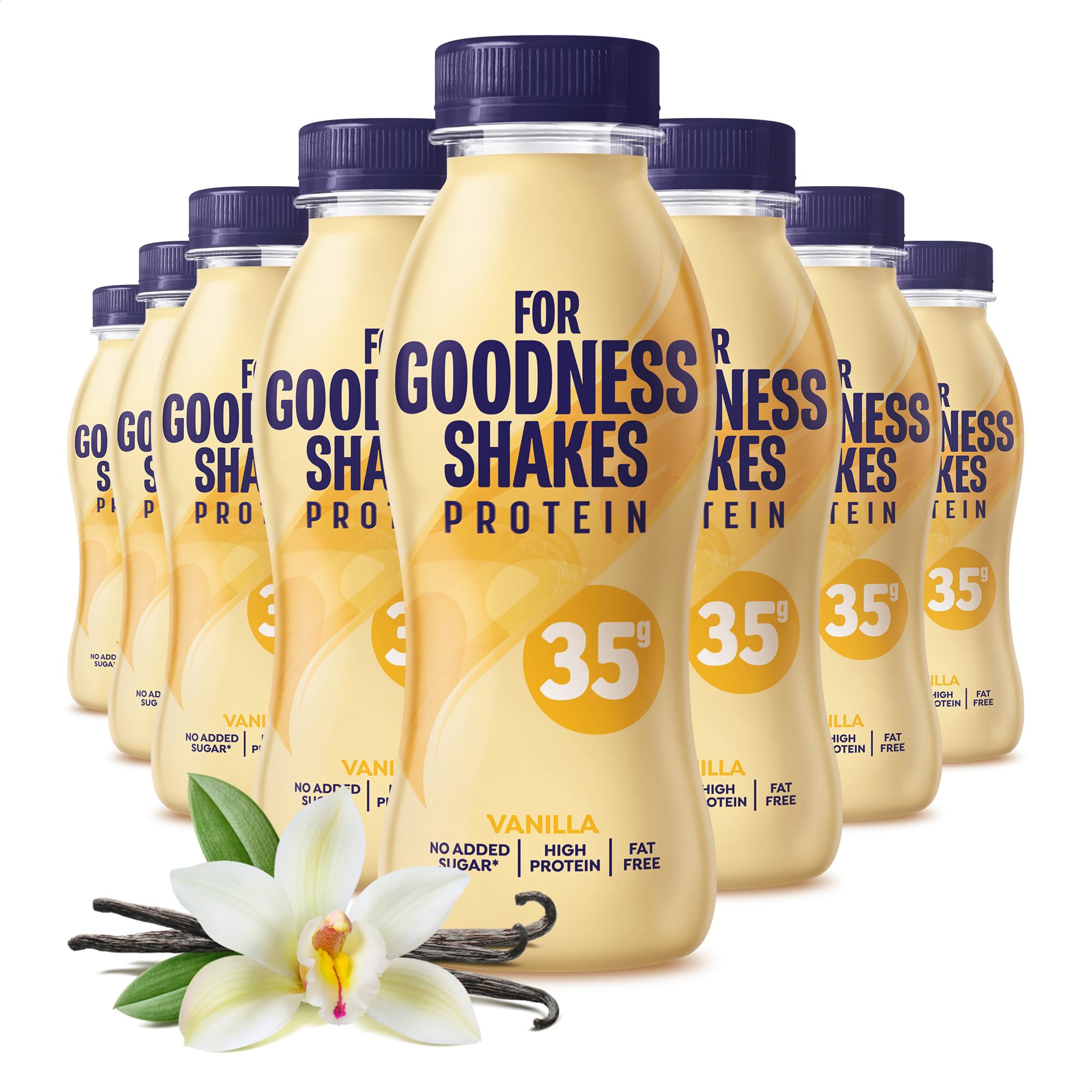 For Goodness Shakes Vanilla Protein Shakes, 35g Protein, High Protein, Fat-Free, Ready-To-Drink, No Added Sugar, Gluten-Free, Pre & Post Workout, 8 x 330ml