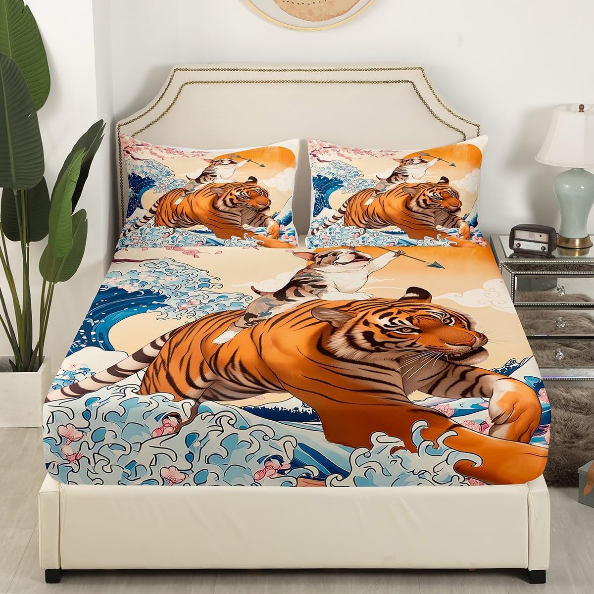 Erosebridal Funny Dog Full Fitted Sheet for Kids Japanese Ocean Wave Bedding for Bedroom Decorative, Safari Tiger Bed Sheets Pink Cherry Blossoms Bed Cover, Asian Fun Anime Bed Set (Deep Pocket)