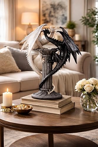 Miniatura 2 de ICE Armor Estatua medieval de dragones blancos y negros de 19.5 pulgadas de alto, escultura grande, dragones gemelos en columna en blanco y negro,