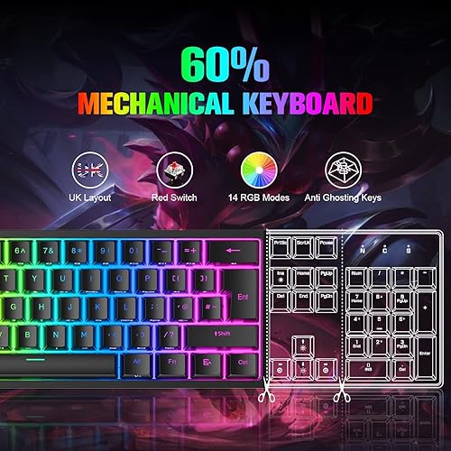 Miniatura 3 de Teclado mecánico 60% para juegos RGB, retroiluminado RGB, mini teclado ergonómico anti-fantasma, diseño de 61 teclas, placa de metal con cable tipo