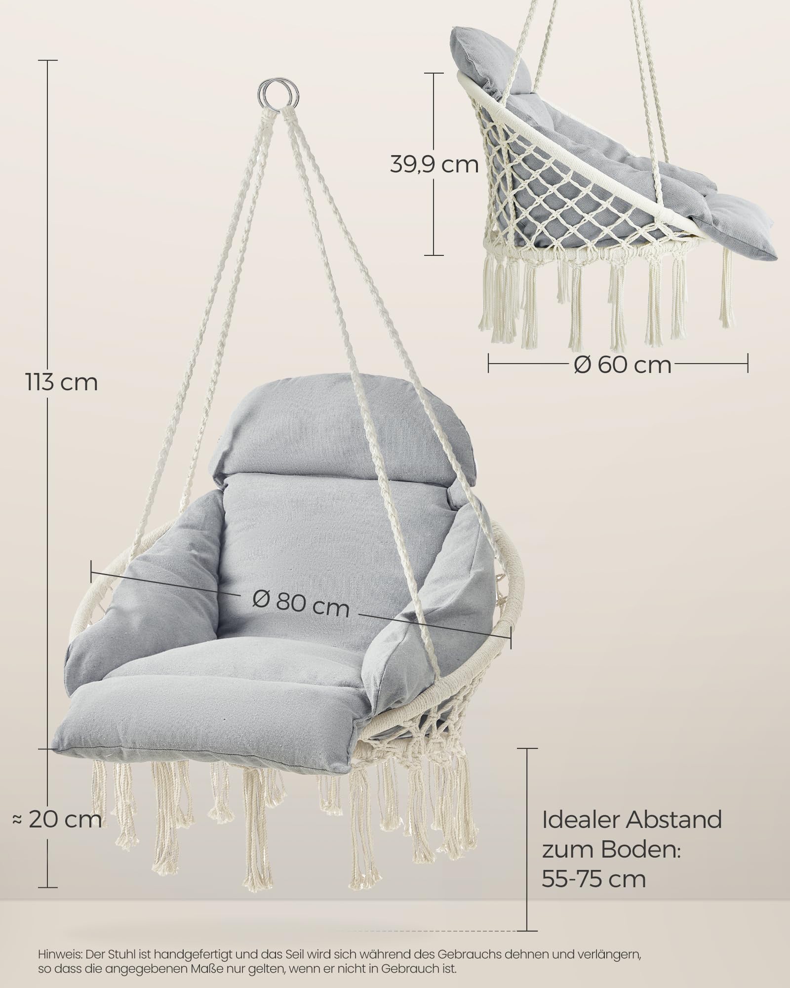 SONGMICS Hängesessel, Dickes Kissen, bis 120 kg belastbar
