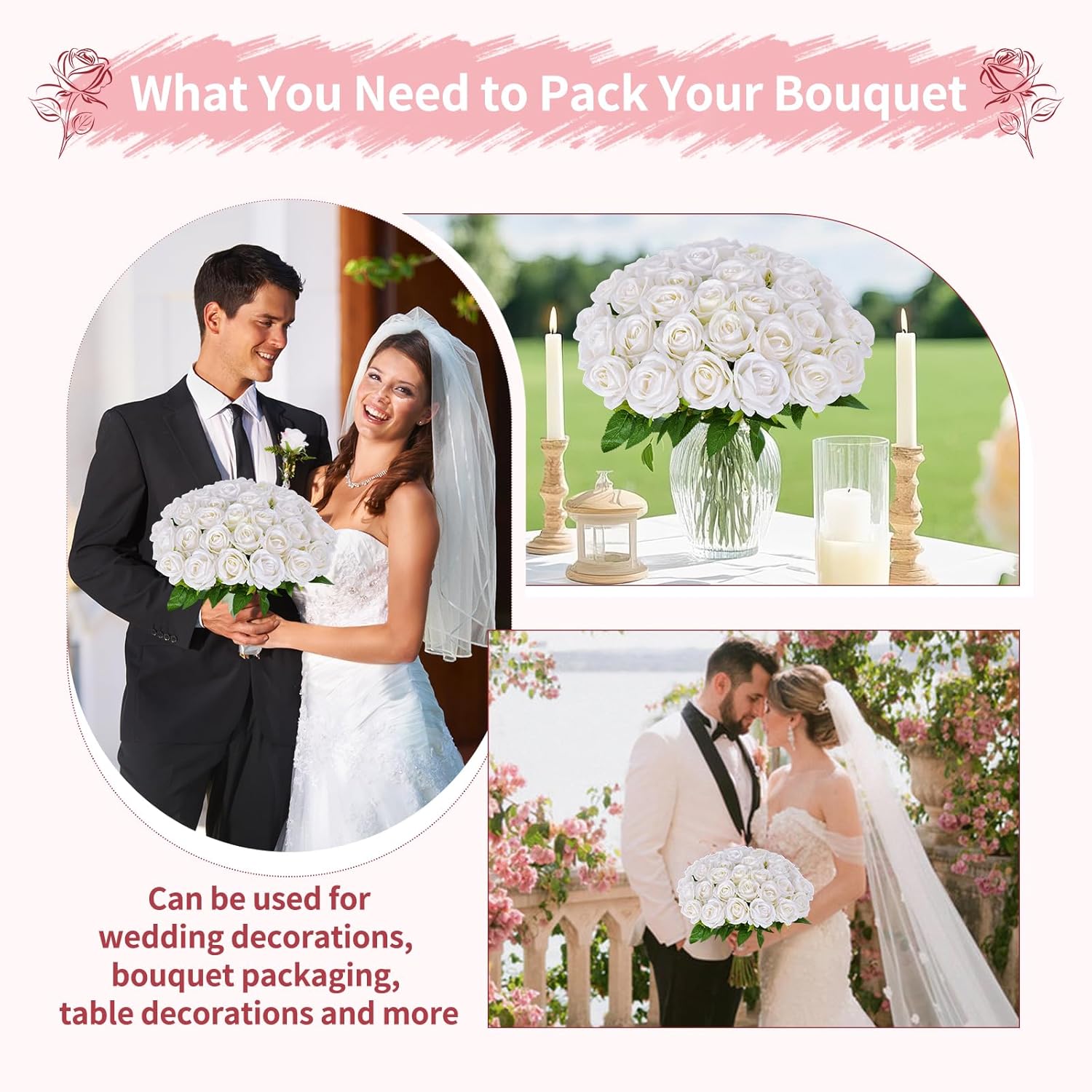 50 PCS White Roses Artificial Flowers, Fake White Roses Bouquet,White Artificial Silk Roses with Stems for DIY Wedding Flowers Decoration, Valentines Day Mothers Day, Bridal Bouquet Roses
