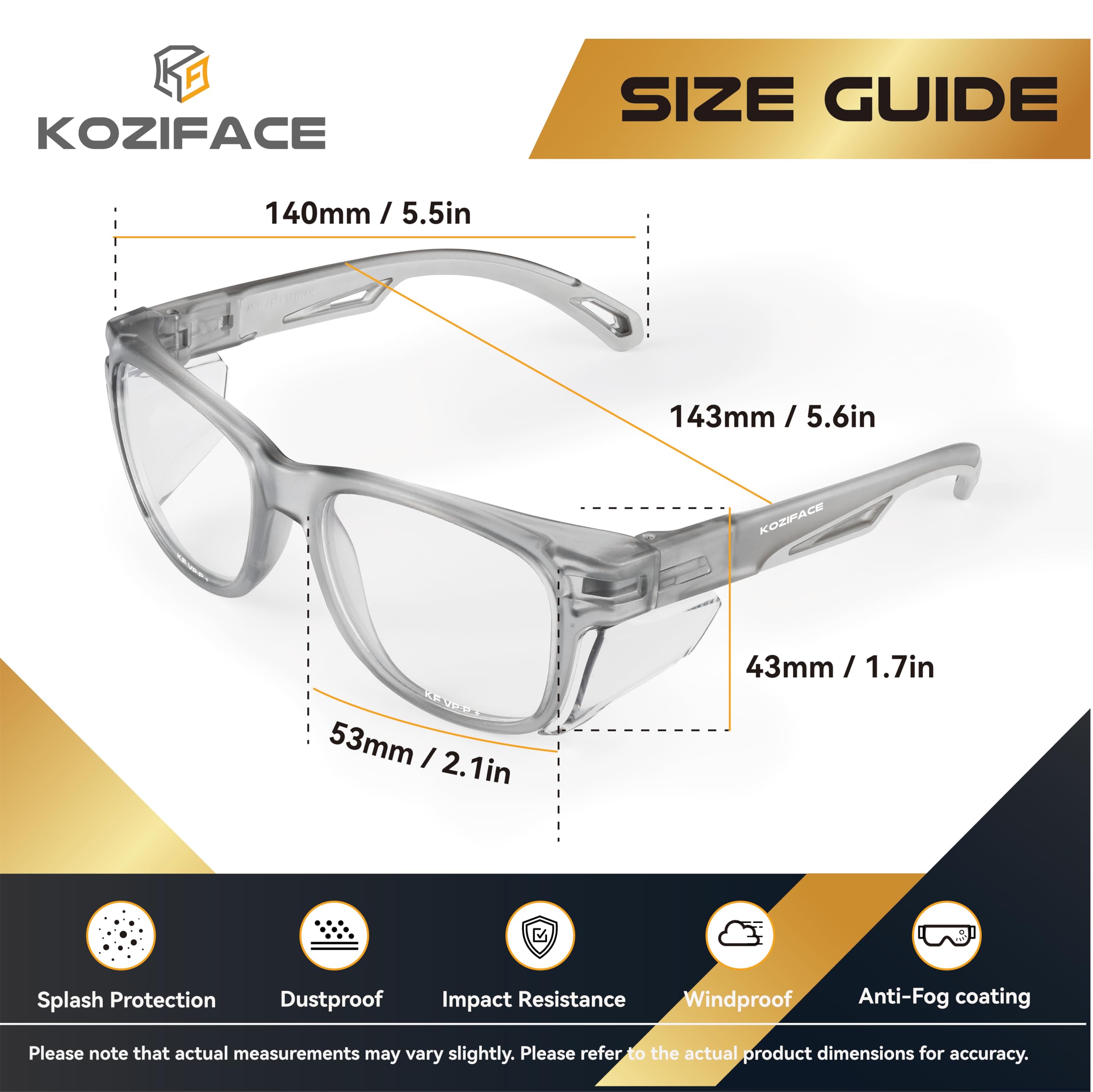 Koziface E52G - Occhiali di sicurezza per uomo e donna, eleganti occhiali protettivi da lavoro, anti-appannamento, con protezioni laterali, lenti trasparenti, antiscivolo, certificazione ANSI Z87.1