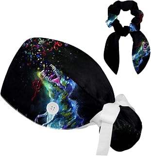 FVQL 2 Pieces Surgical Cap for Long Hair Scrub Cap with Hairband Nurse Cap, Vintage Abstract Colorful and Dinosaur