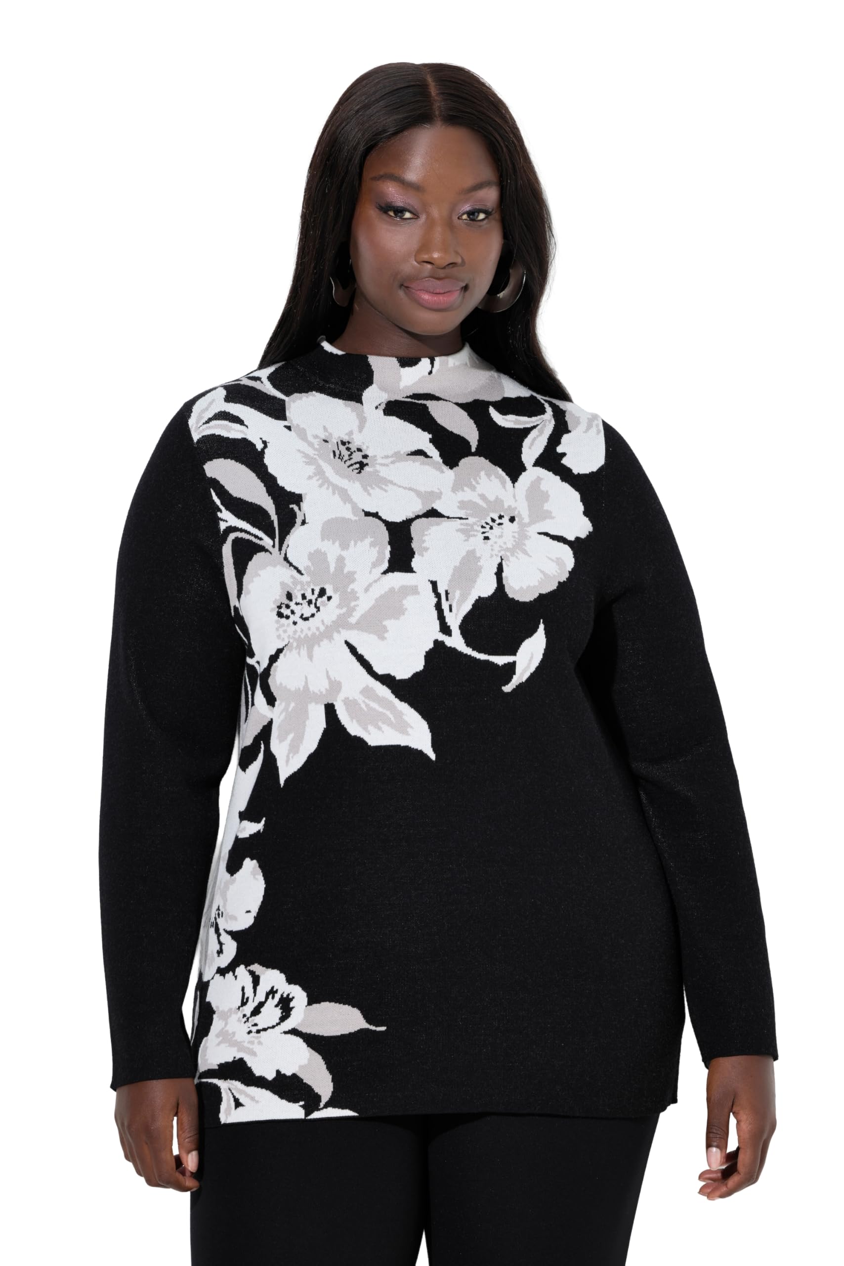 Ulla Popken Damen große Größen Übergrößen Plus Size Jacquard-Pullover, Blüten, Stehkragen, Langarm 847727