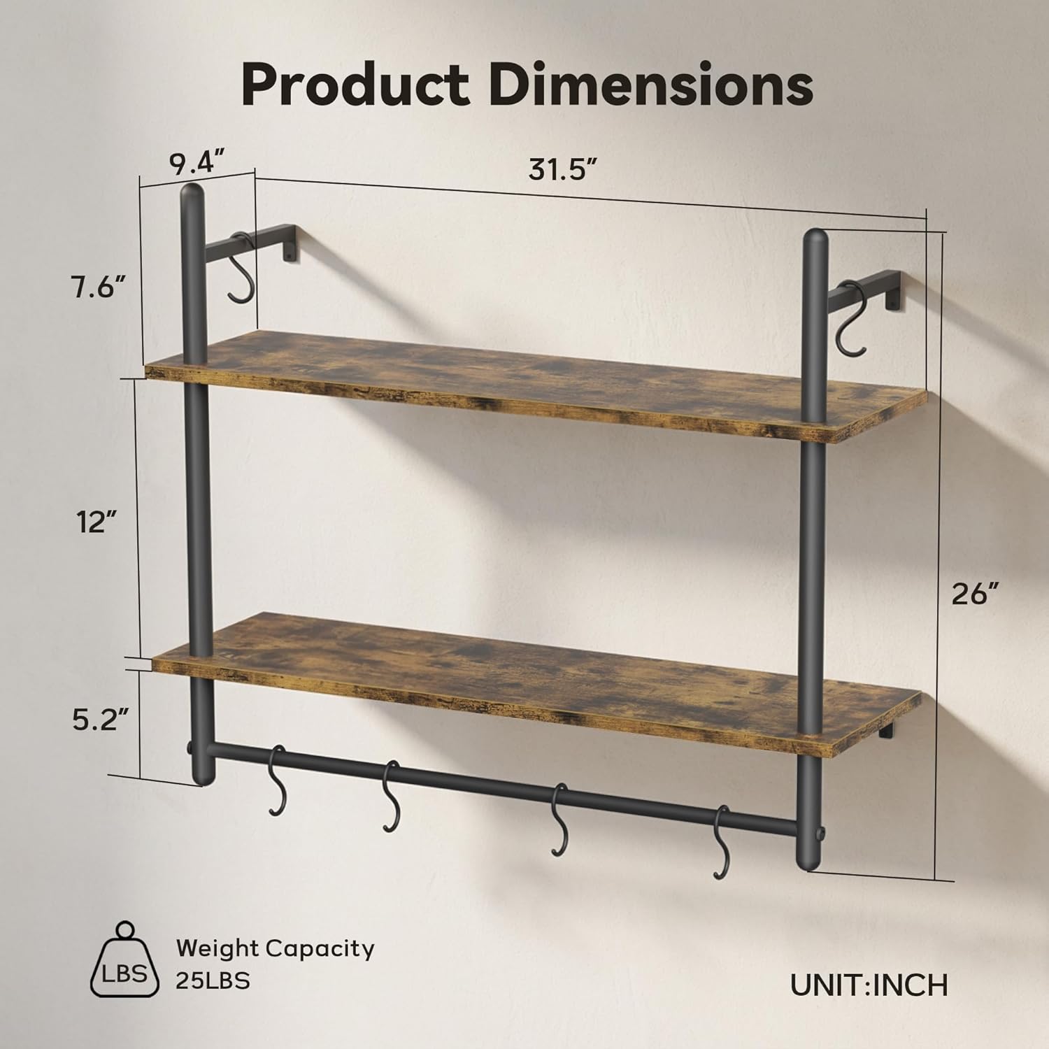 Merapi Industrial Pipe Floating Shelf with Towel Bar & Hooks - 31.5" Wall Mounted Kitchen, Bathroom, Coffee Bar Shelf - Modern Farmhouse Wood & Metal Shelves with 8 S-Hooks
