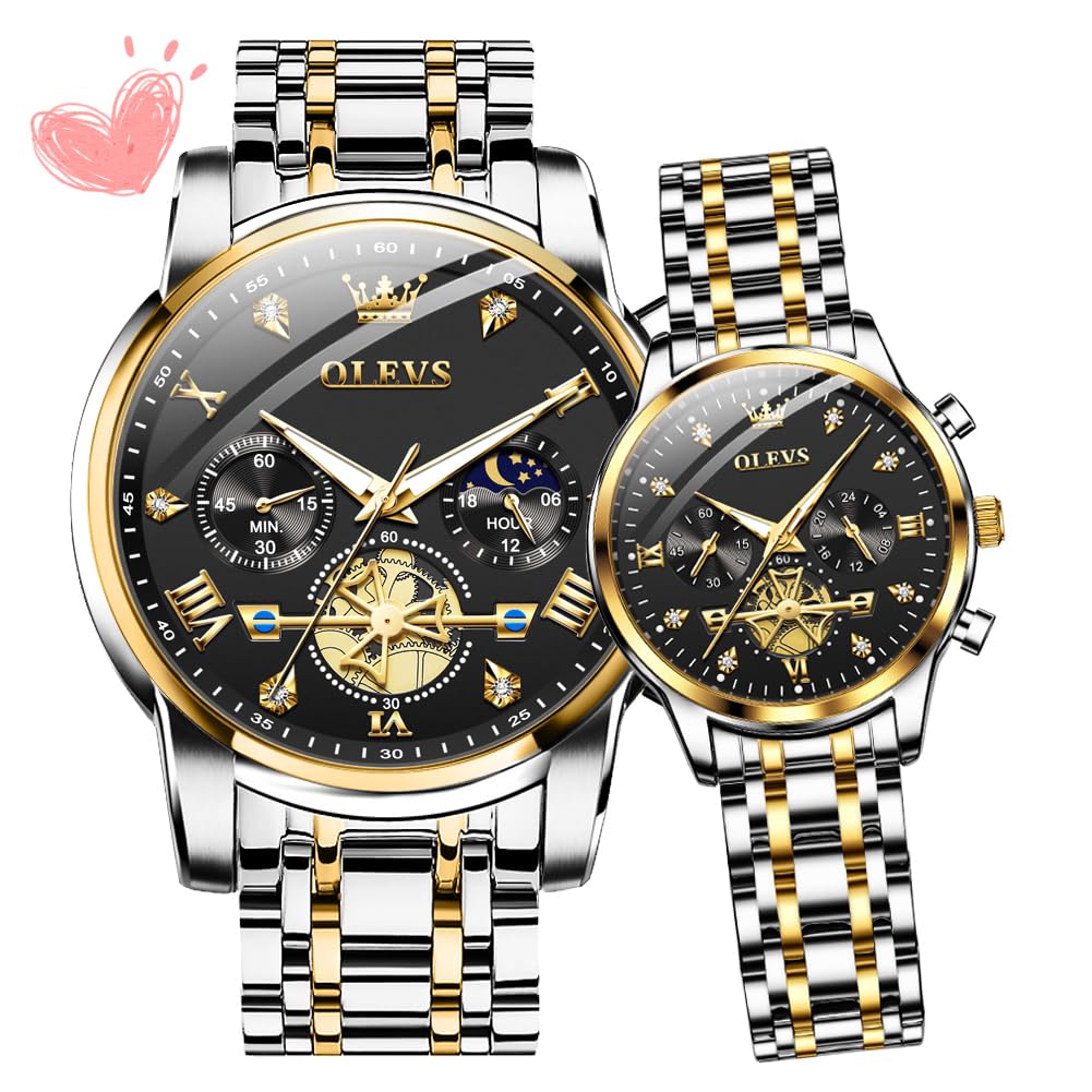 OLEVS Couple Watch Valentines Couple Matching Watches His and Her Couple Set Wrist Watch Men and Women Lovers Wedding Romantic Gifts Set of 2 GL2: Two tone band & Black dial