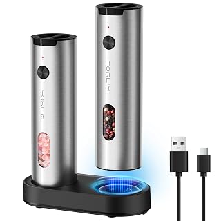 FORLIM Electric Salt and Pepper Grinder Set Rechargeable, Auto Salt and Pepper Grinder set with Charging Base, Adjustable Coarseness, LED Light, Automatic Salt Grinder Refillable,Pepper Shakers Set - Amazon product rated Grade A