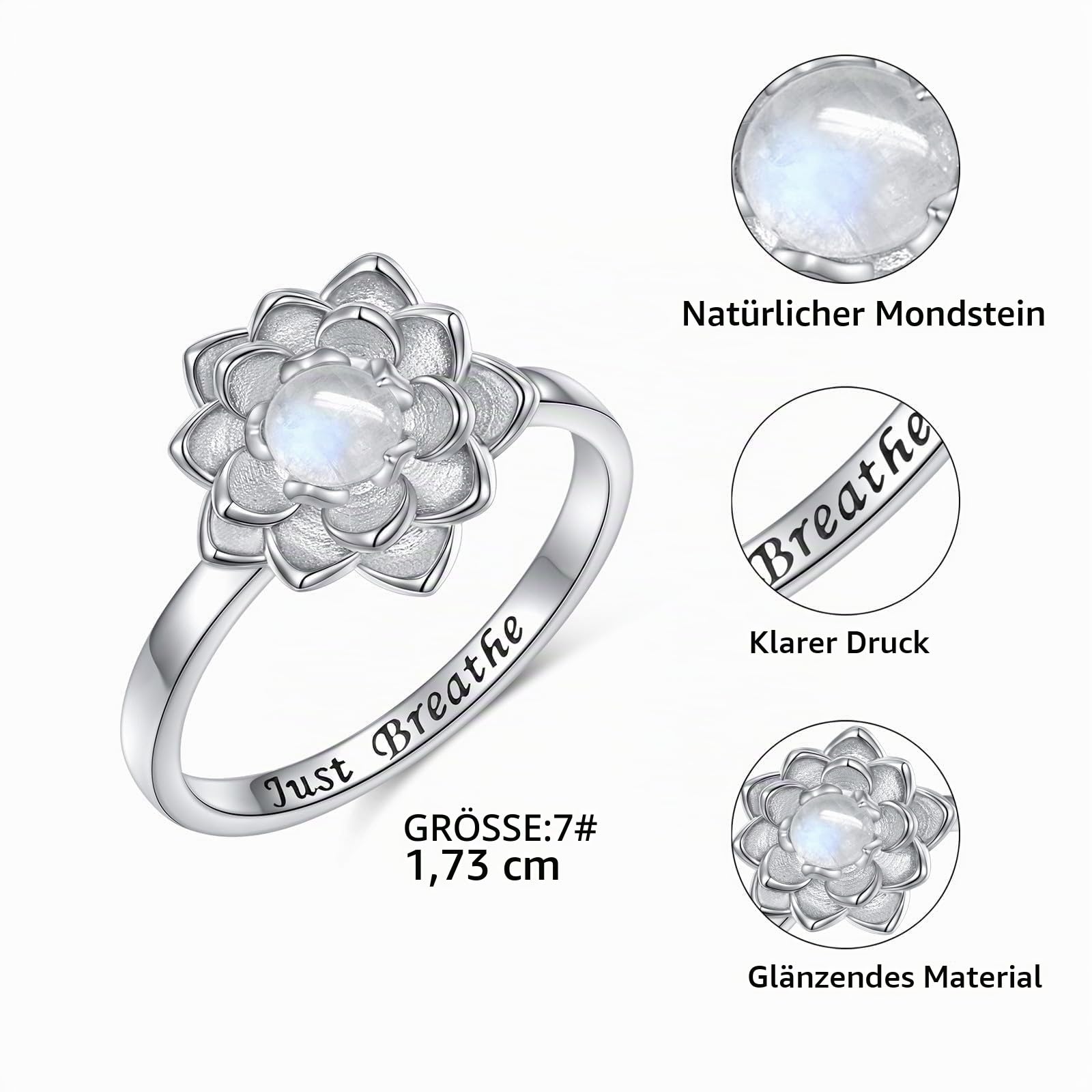 Flyow Just Breathe Spinner Ringe für Angst 925 Sterling Silber Mondstein Lotus Fidget Ringe für Angst Anti Stress Anxiety Inspirational Ring Lotusblume Yoga Schmuck Geschenke für Damen
