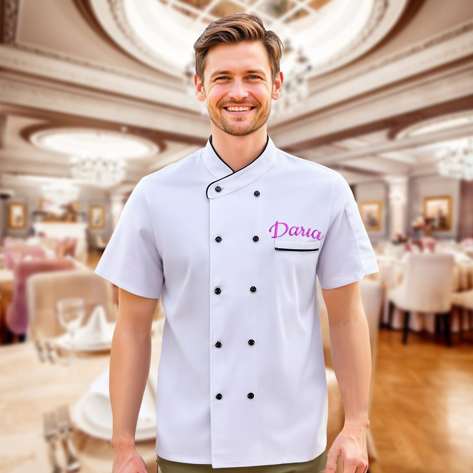 Veste de Cuisine Homme Personnalisable avec Nom Brodé Manches Courtes, Blouse de Travail Restaurant Unisexe, Tenue Cuisine Femme Professionnelle pour Hôtel Boulangerie Traiteur - 5