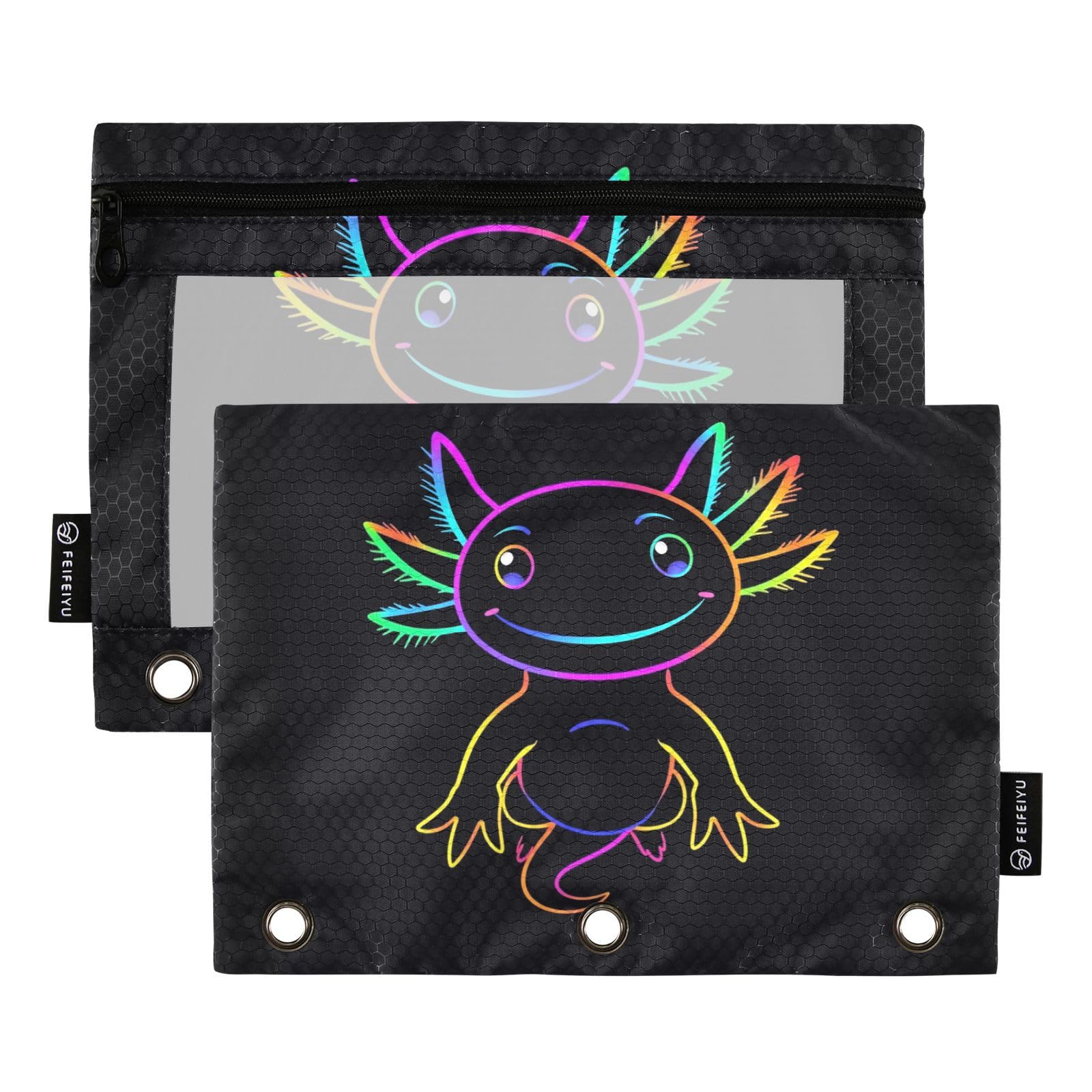 Gredecor 2 Pack Binder Pencil Pouch 3 Ring Rainbow Axolotl Zipper Pencil Pouches Case Cosmetic Bags with Clear Window Organizer for School Office