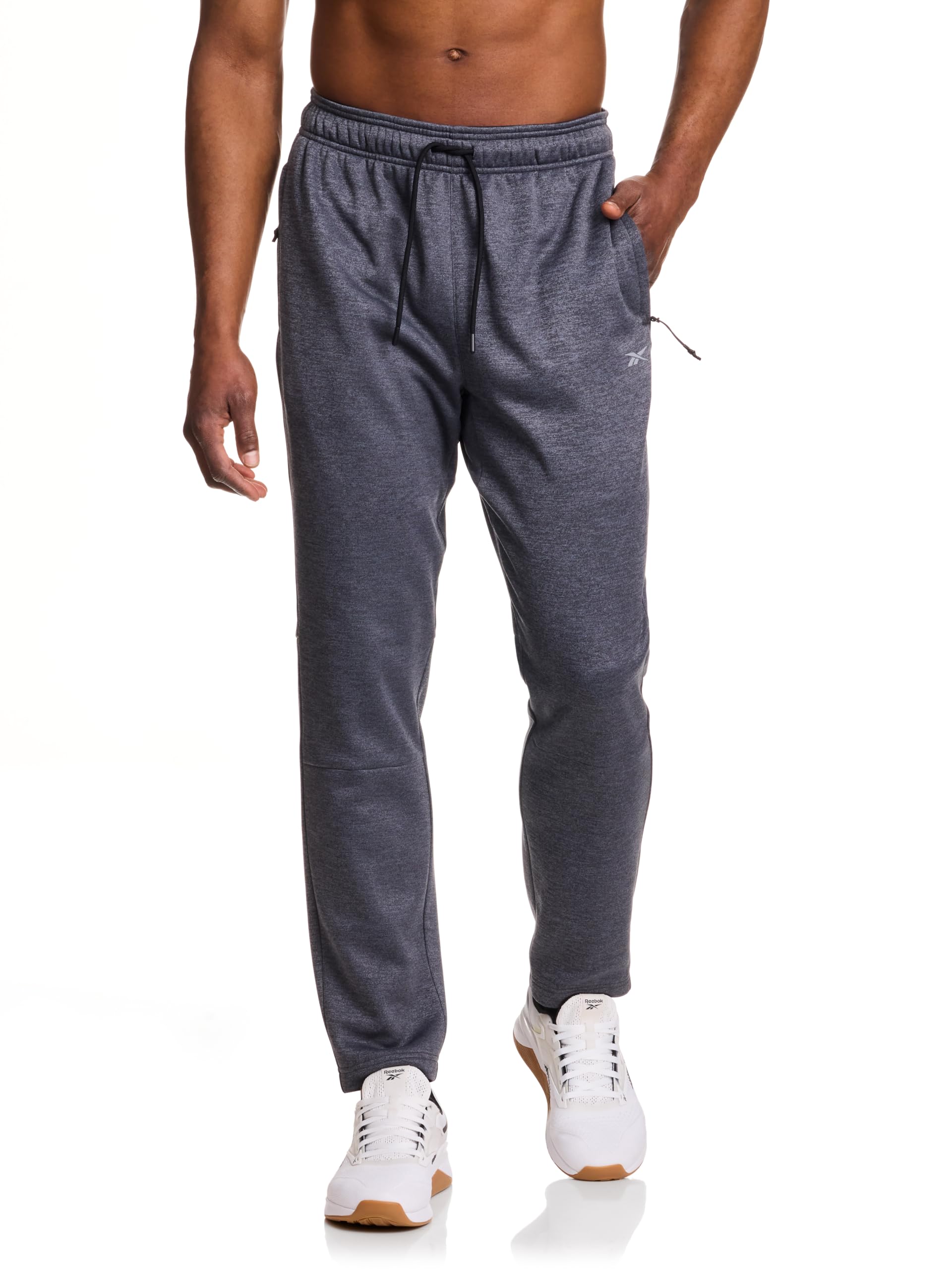 Reebok Men's Fleece Tech Sweatpant, Zippered Pockets, Athletic Joggers, Ebony Heather, Medium