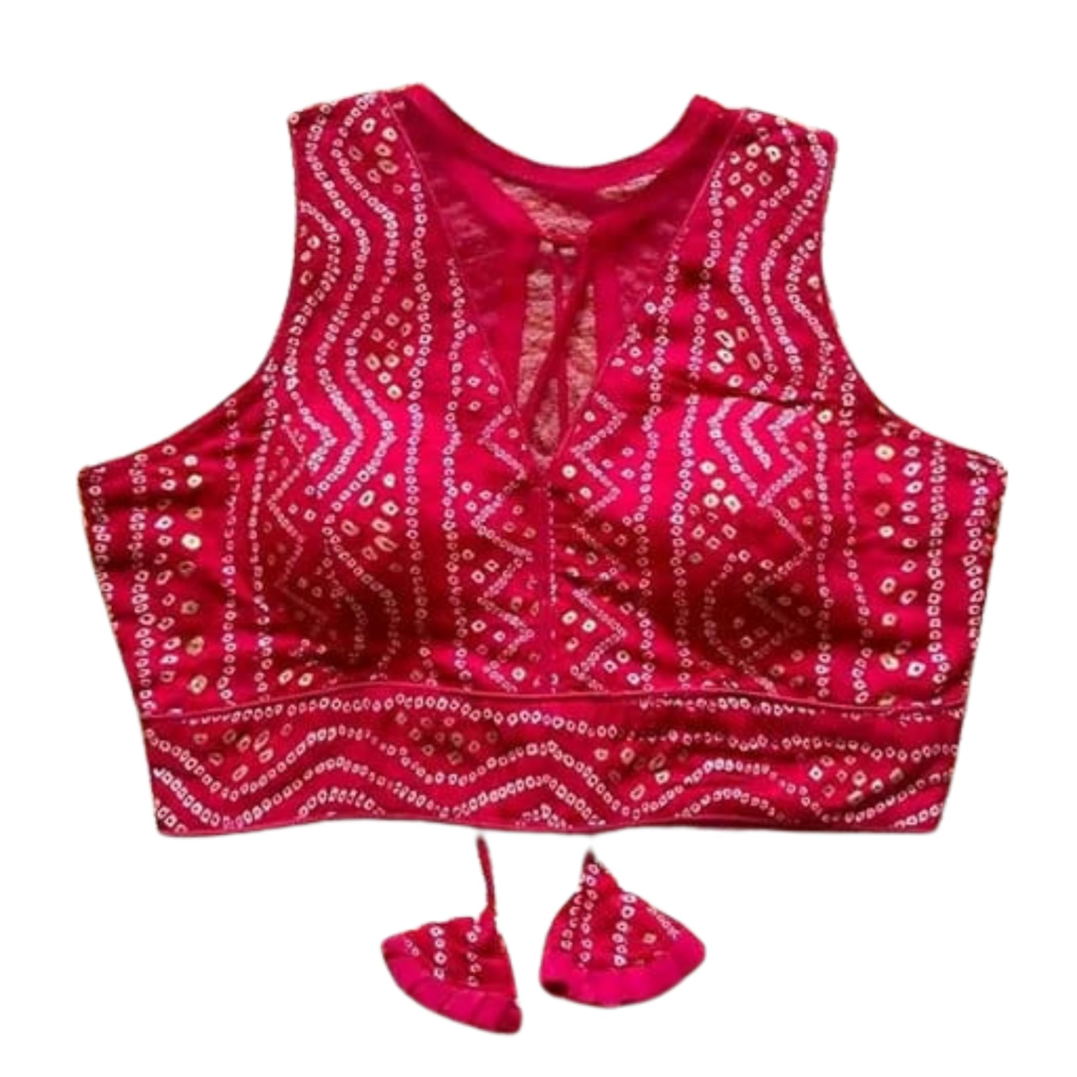 Women Bandhani Chunri Blouse, V-Neck Padded Backless Sleeveless Designer Saree Blouse with Tassel, Rayon Foil Print Readymade Ethnic Blouse, Ready Size 38 Alterable from 36 to 40-picture-55