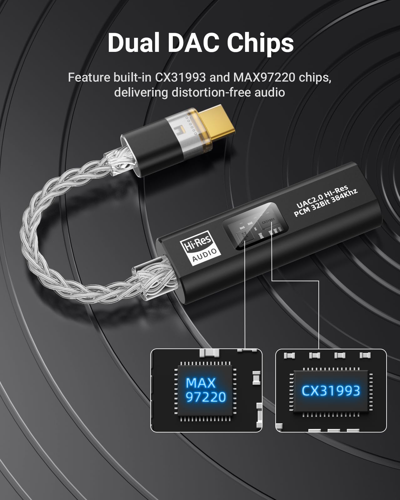 MoKo Adattatore Audio USB C a 3,5mm, Doppio Chip DAC HiFi CX31993 & MAX97220, 32bit/384KHz Tipo C a Jack Cuffie AUX per iPhone 17/16, iPad, Galaxy S26/S25, Pixel, Nero