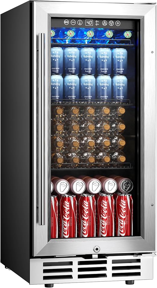 EUHOMY 15 Inch Beverage Refrigerator Cooler Under Counter 127 Cans Beverage Fridge Built-in or Freestanding with Glass Door, LED Light, Beer Fridge for Soda, Water, Wine - Home Kitchen Bar.