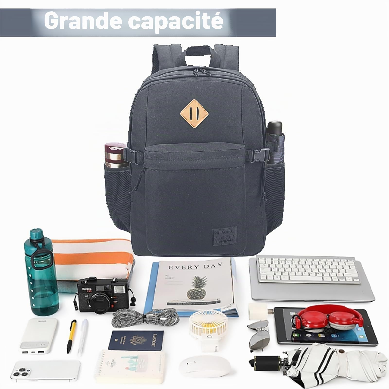 SUPACOOL Sac à Dos Léger et Décontracté pour Homme et Femme, Grand Sac à Dos pour écolier, Garçons et Filles, 16.5 Inch, Gris