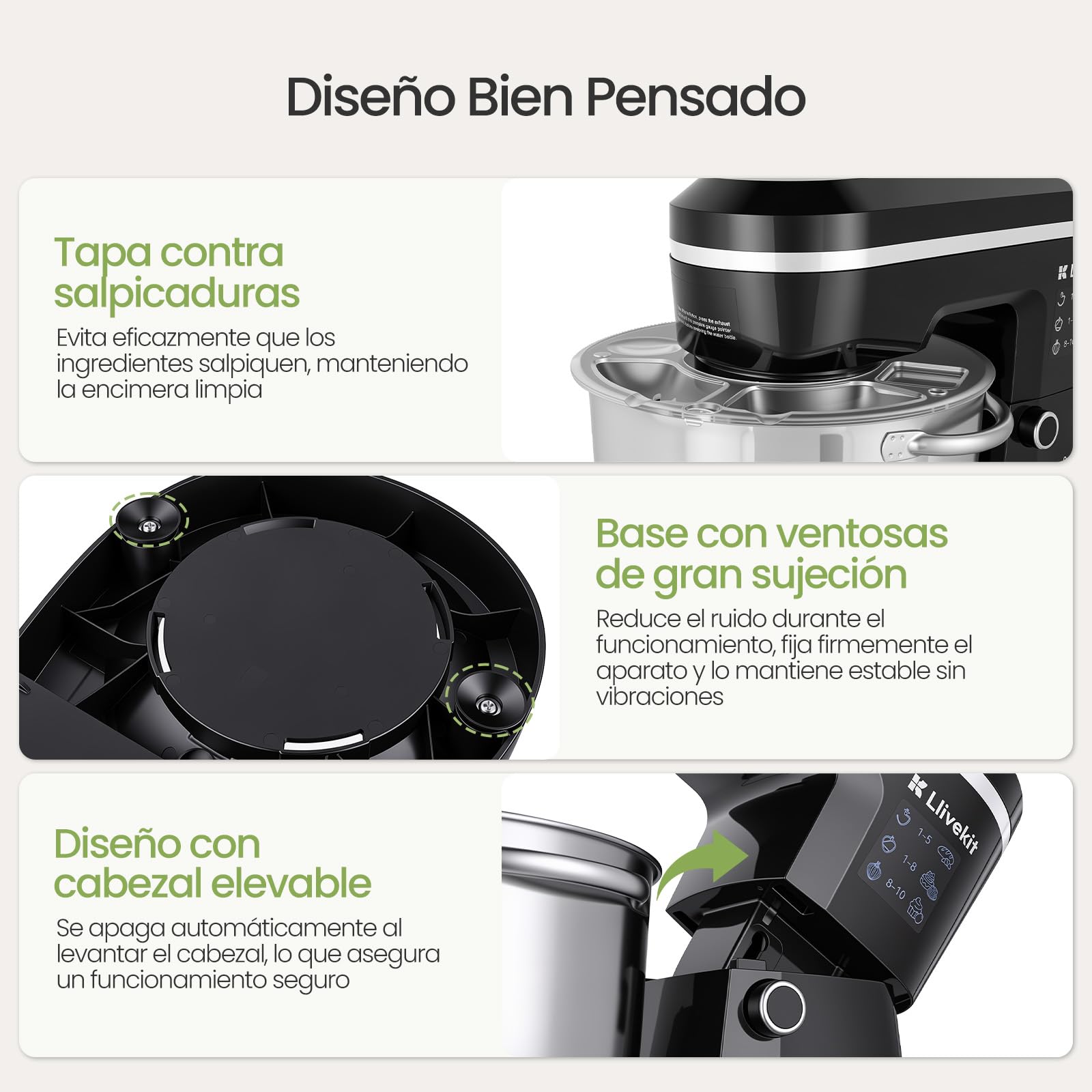 LLIVEKIT Batidora Amasadora con Bol 5,2 L, 10 Velocidades + Función Pulso | Robot Cocina 1500 W, Amasadora Pan y Reposteria, Batidora Multifuncional con Accesorios para Batir y Amasar, Bajo Ruido