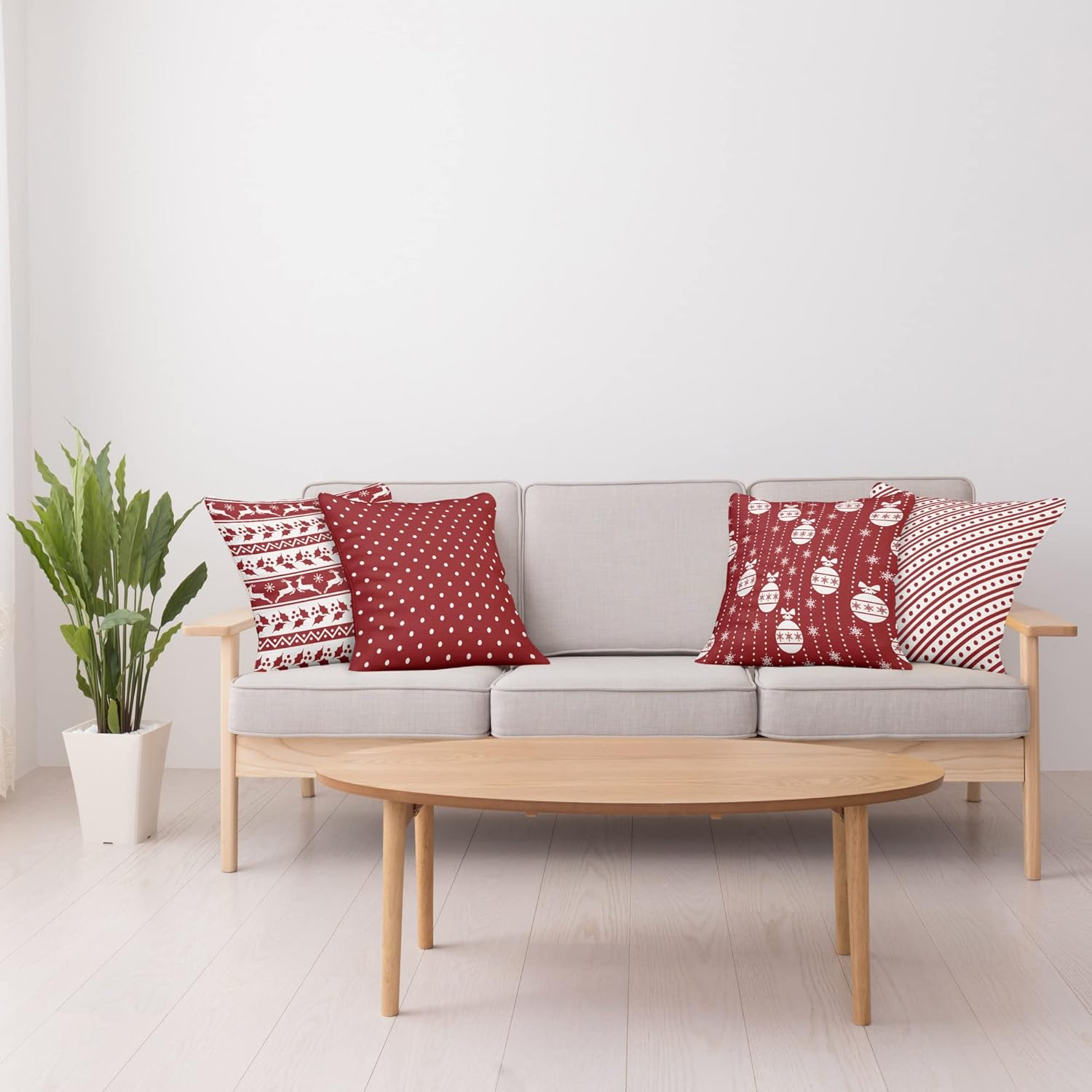 Ambesonne Christmas Throw Pillow Cushion Case Pack of 4, Classic Deer Zigzags Mistletoe Polka Dots Diagonal Stripes Noel Ball Ornaments, Modern Accent Double-Sided Printing, 20" x 12", White Ruby