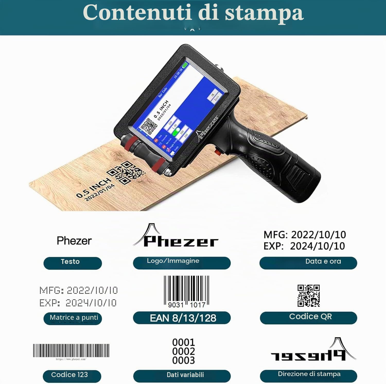 Phezer Stampante a getto d'inchiostro portatile P16 aggiornata per superficie piana con cartuccia d'inchiostro ad asciugatura rapida, macchina di codifica intelligente a 360° per data/ora/codice a