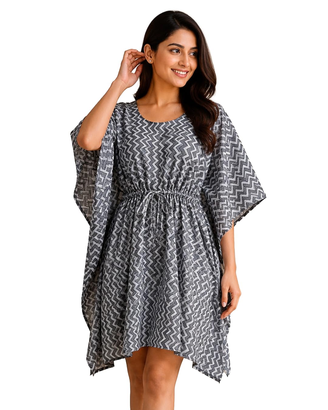 yukti - indian hand arts for home & wear Indigo Wave Cotton Kaftan Top for Women | Relaxed Fit Drawstring Tunic | Lightweight Geometric Printed Cotton Lounge & Resort Wear by Yukti-picture-36