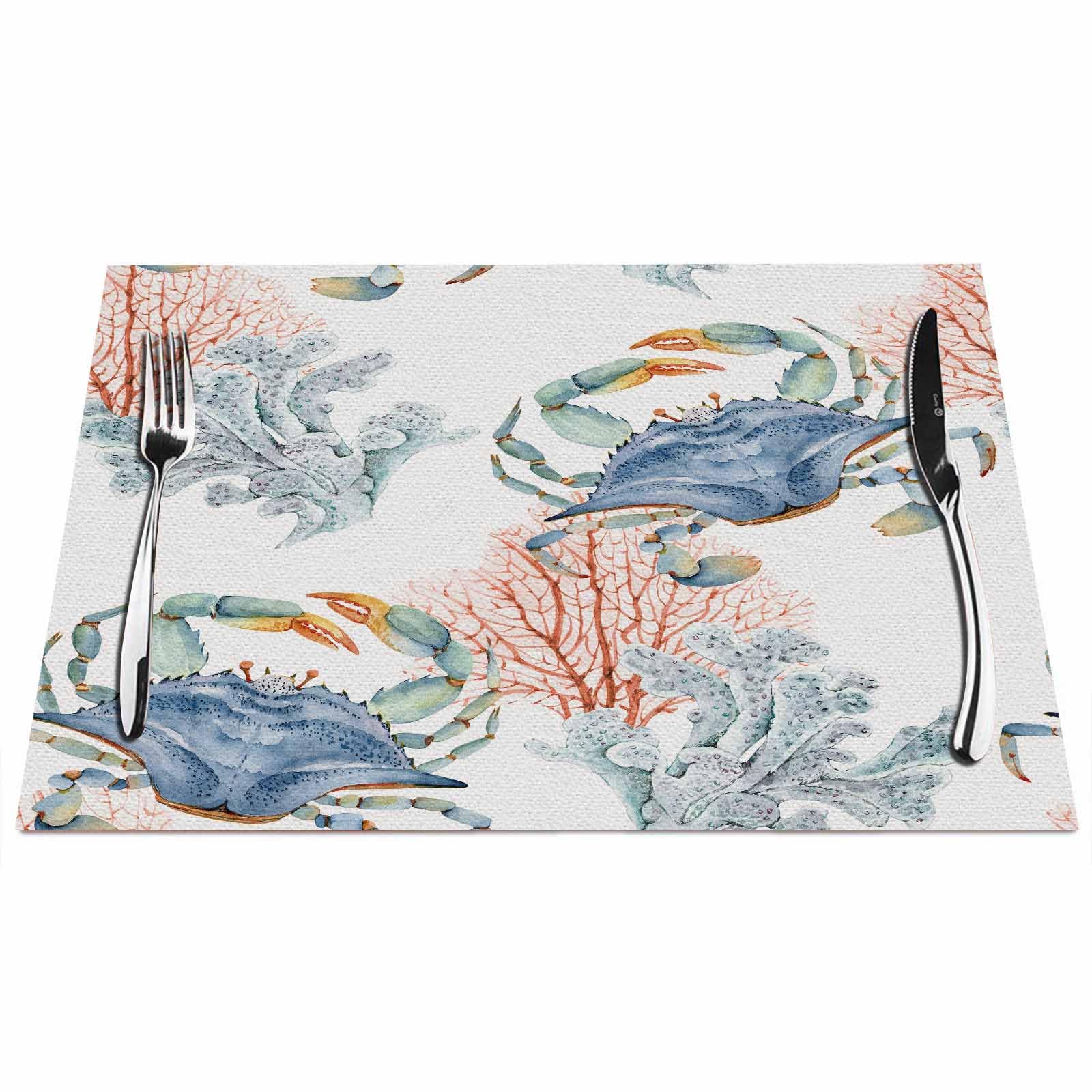 Walmsco Placemats Blue Crab Coral Watercolor Painting Decor For Dining Room Kitchen Table,Waterproof Non-Slip Washable Heat Resistant Placemats,Set of 4,12"x18"