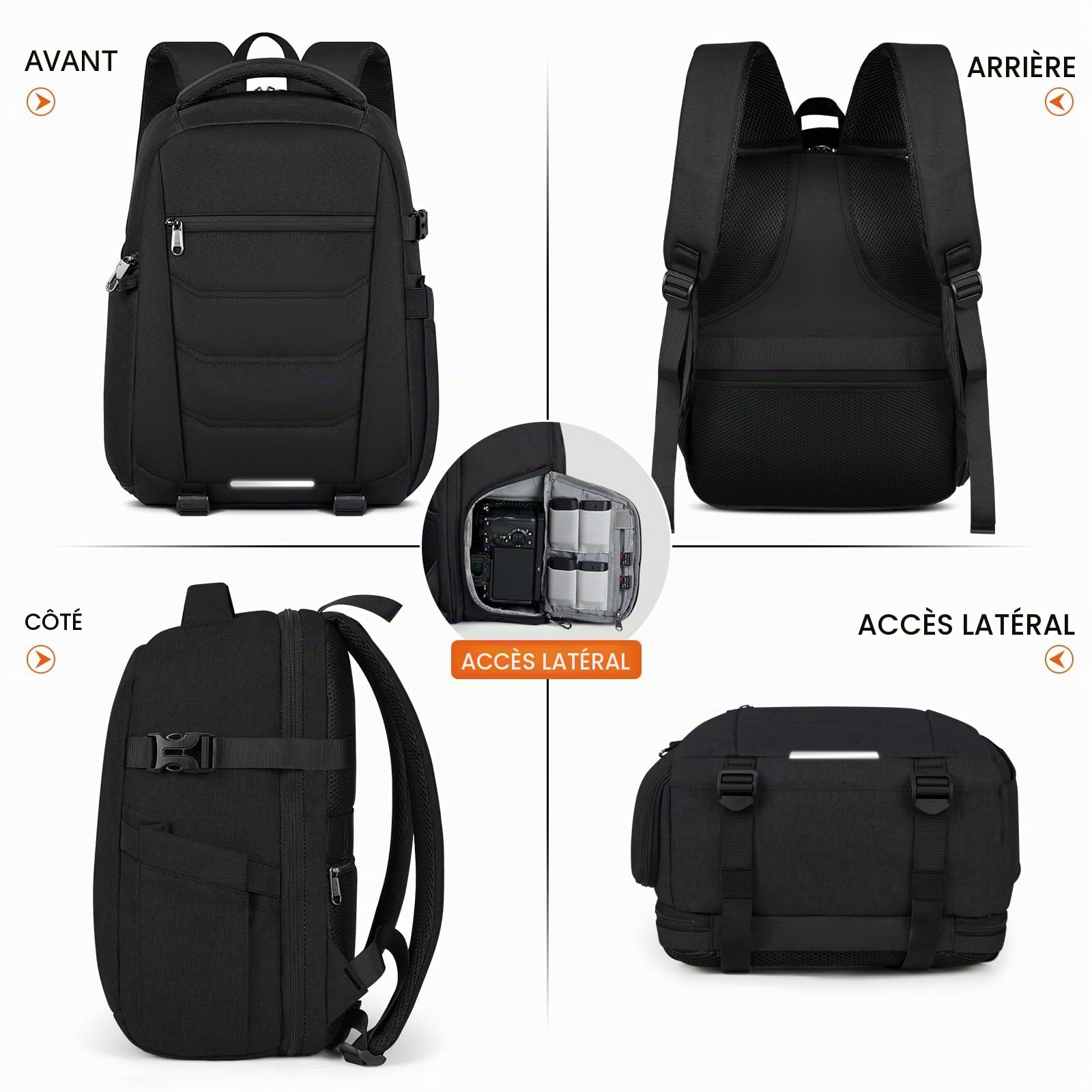 RAINSMORE Sac a Dos Appareil Photo avec Compartiment de 15,6 Pouces Sac a Dos Photographe avec Housse de Pluie, Sac Appareil Photo Compatible avec Canon Sony Nikon Noir