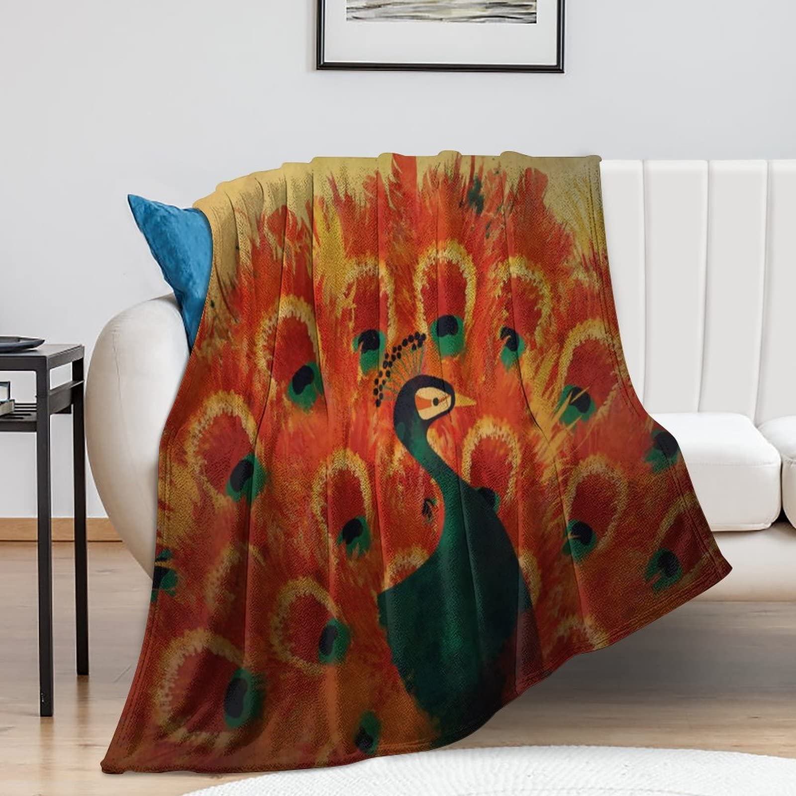 Couverture paon 152x203 cm en peluche légère pour lit et canapé