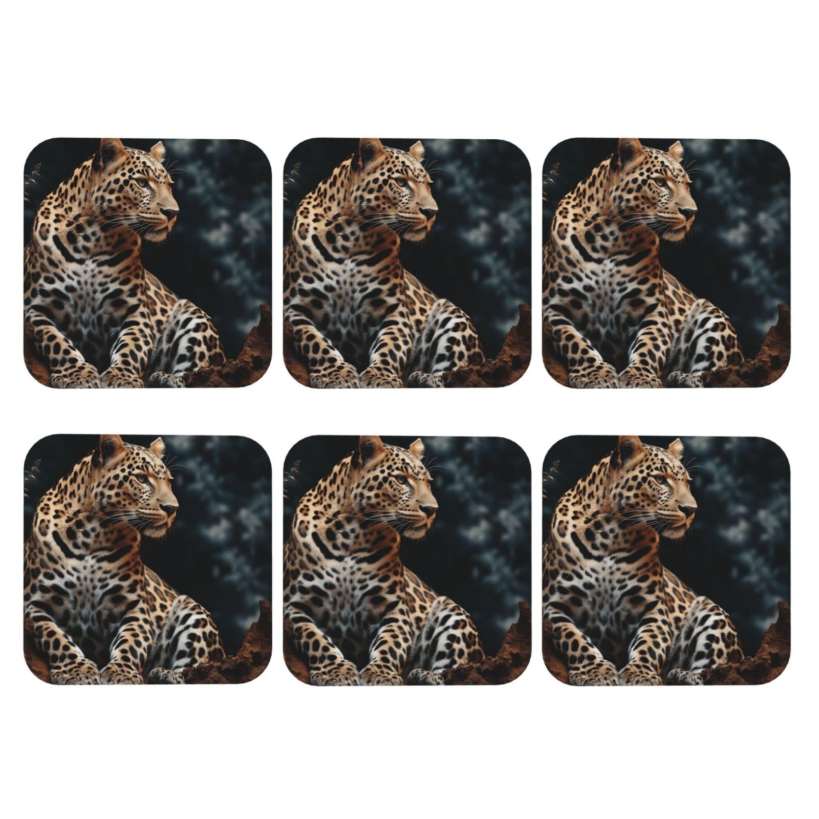 6pcs Leather Coasters for Drinks, A Leopard Sits Drink Coasters for Tabletop Protection, 4" Cup Coasters for Coffee Table Decor, Non-Slip Drinking Cup Mat for Hot Or Cold Drink