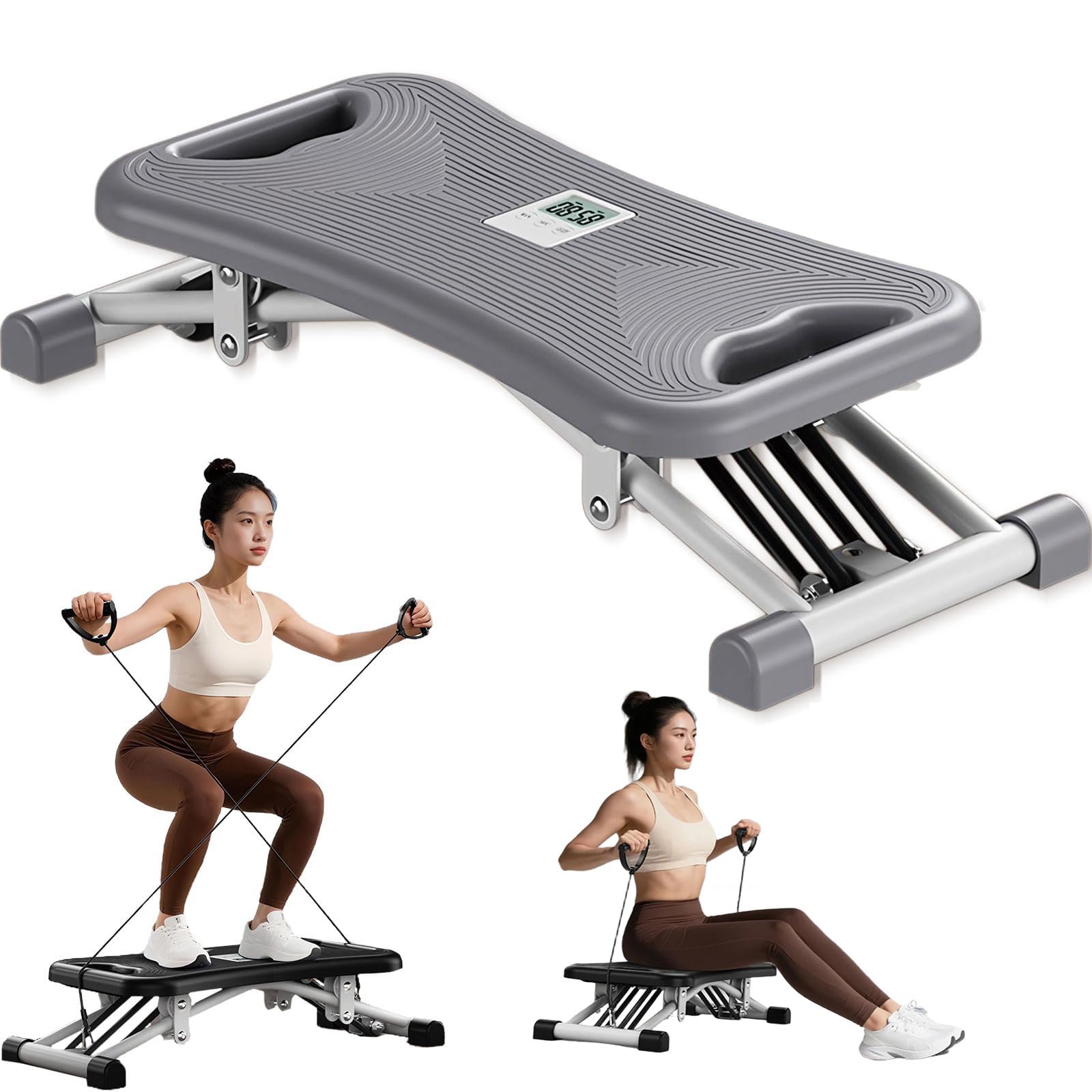 Slide Stepper Balance Board z taśmami oporowymi – podstawowy trener do treningów domowych, sprzęt do ćwiczeń całego ciała z monitorem LCD, regulowane poziomy i duża pojemność