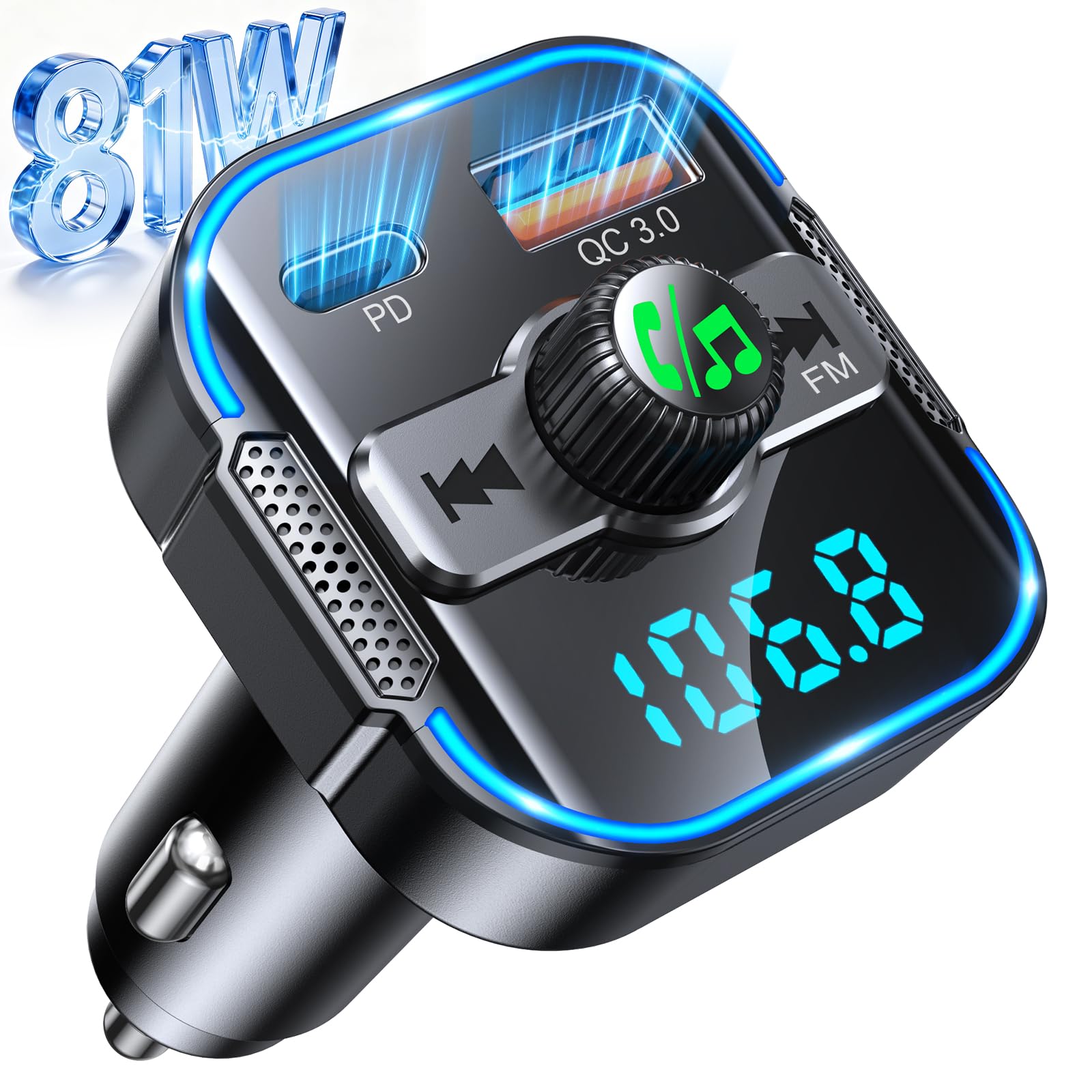 Glangeh 2026 Bluetooth Car FM Transmitter 5.3【PD 45W+QC3.0 36W】, 2 in 1 【Dual Microphones】 Bluetooth Receiver and Fast Charger, Hands-Free Car Kit, Siri/Music Assistant