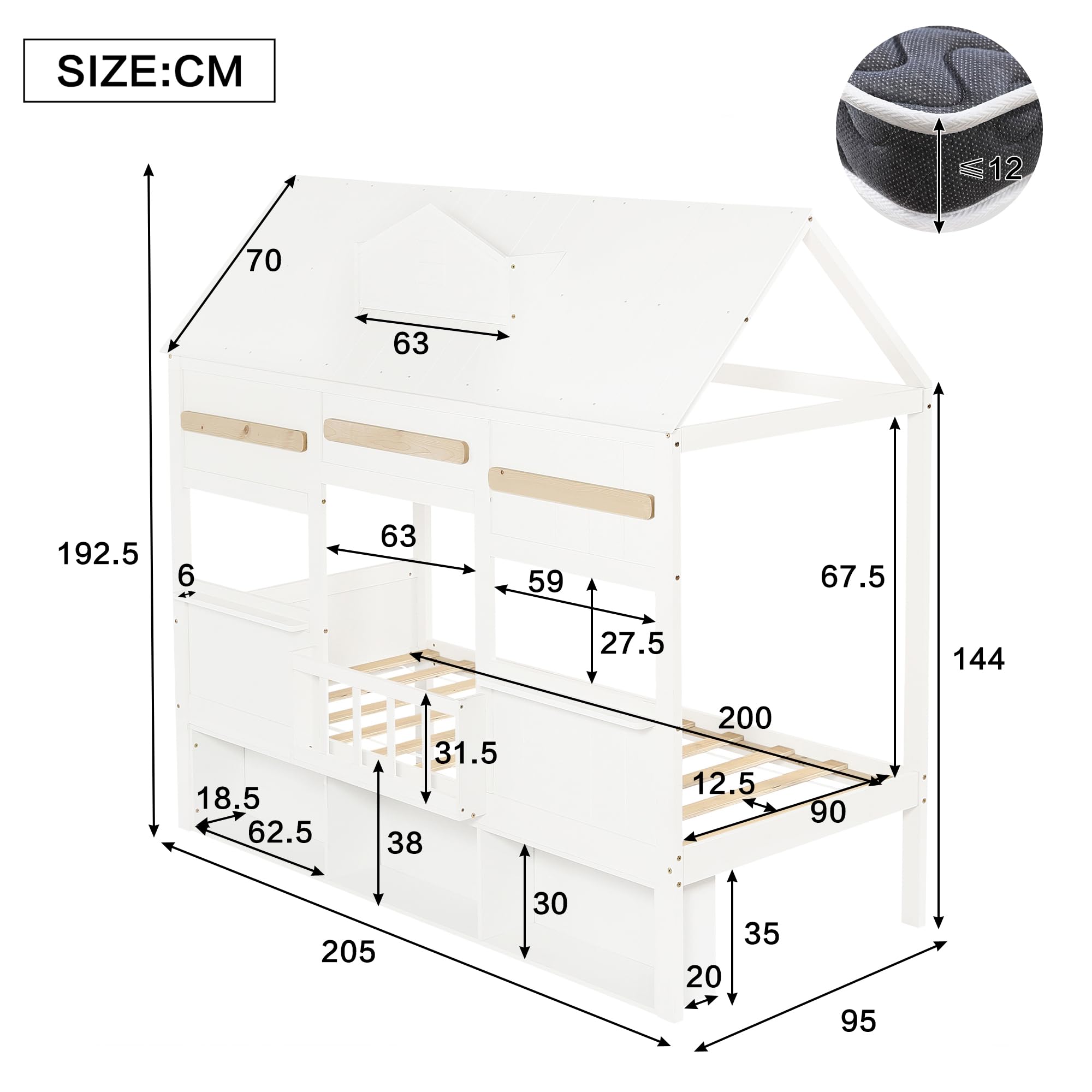 Letto Casetta per Bambini 90x200cm con Libreria e Finestre, Strutture letto in Legno di Pino, Rete a doghe(Nessun materasso