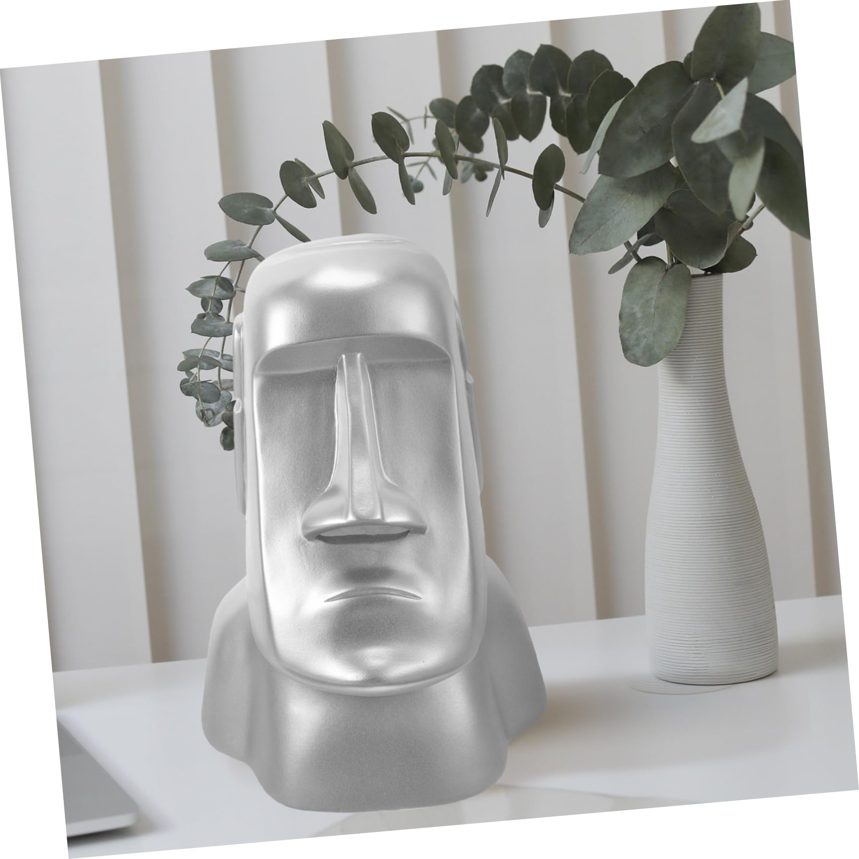 Mobestech Supporto per Cuffie da Tavolo Moai in Resina Argentata | Scultura da Scrivania, per Casa e Ufficio, Tiene anche Piccoli Oggetti e Occhiali