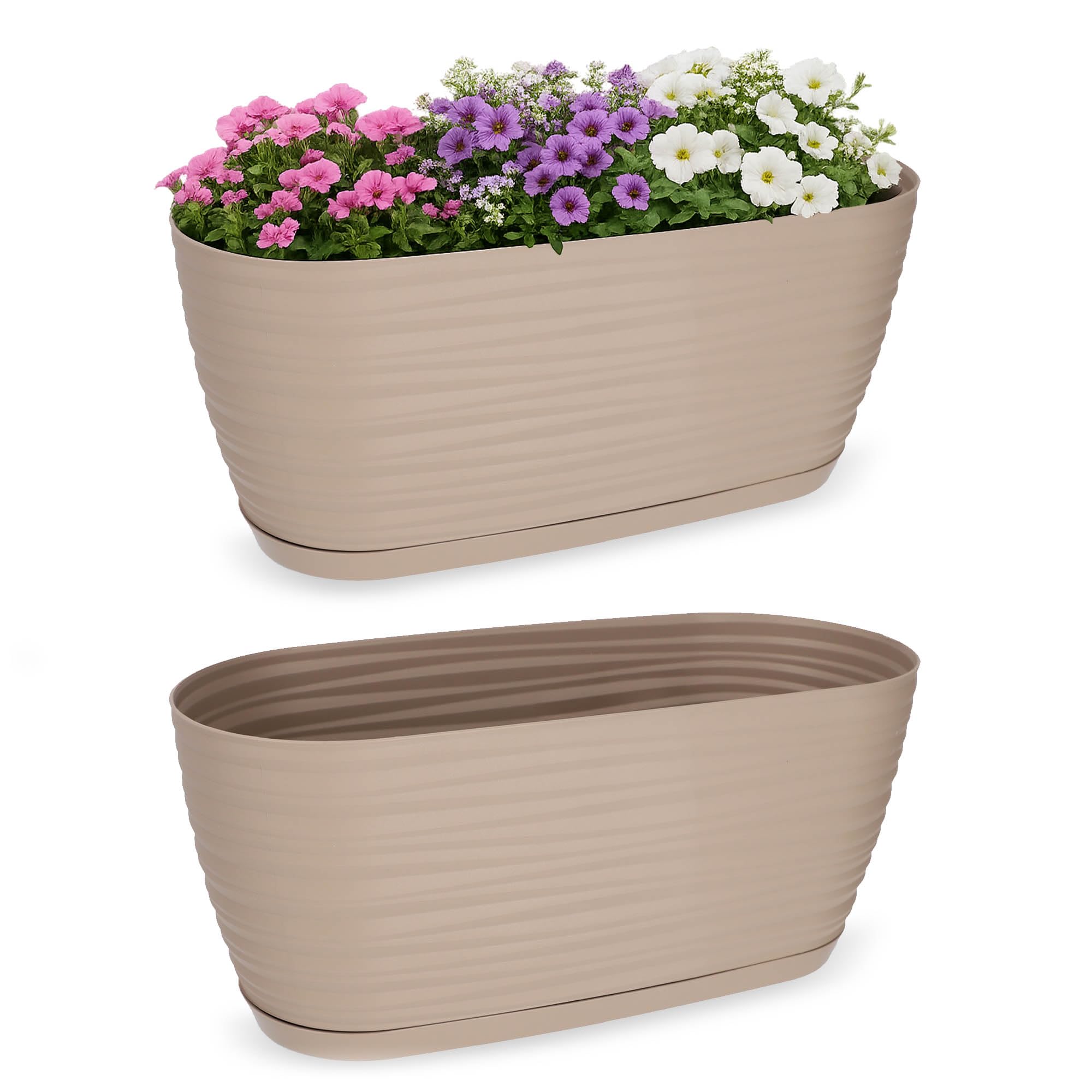 KADAX Blumentopf mit Untersetzer, Blumenkübel, Pflanzkübel für Innen, Leichter Pflanztopf aus Kunststoff, Übertopf für Blumen, Pflanzen, Haus, Zimmer, Pflanzgefäß (27cm, beige)