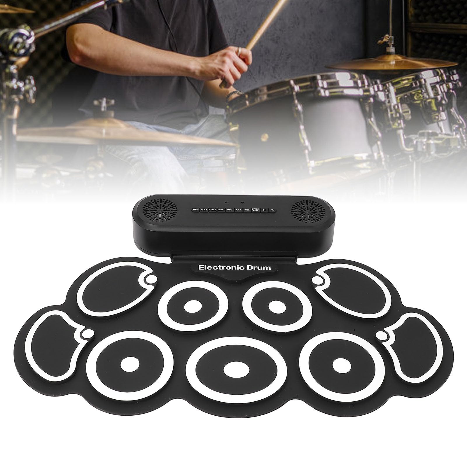 Tambor Electrónico Portátil, Almohadilla de Tambor Silicona Plegable USB con Pedal Pie y Metrónomo para Principiantes, Home Studio, Escuela, Gimnasio, Conveniente para Uso Diario, Interactivo