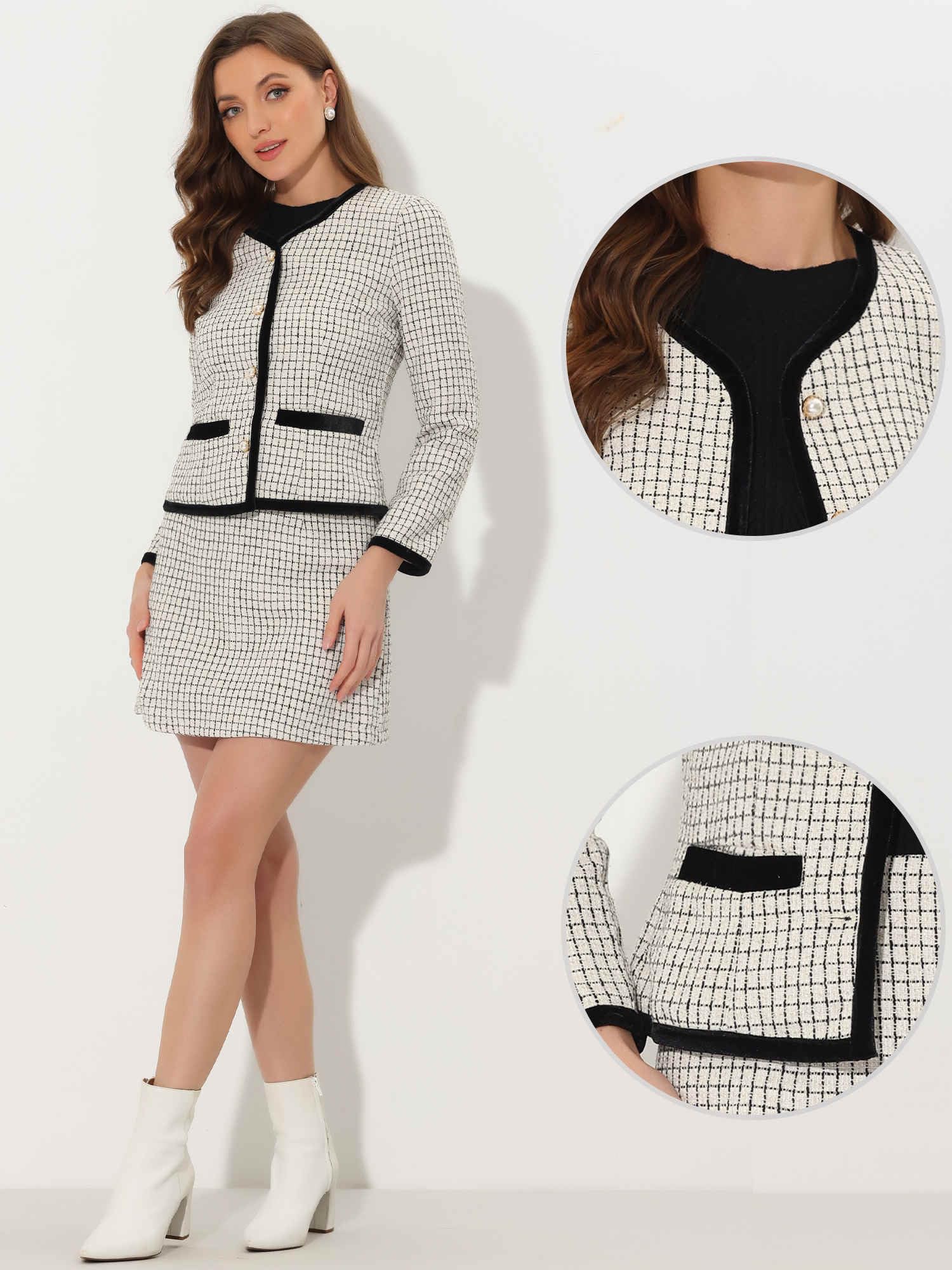 Allegra K Ensemble 2 pièces pour femme, veste blazer courte en tweed écossais et jupe